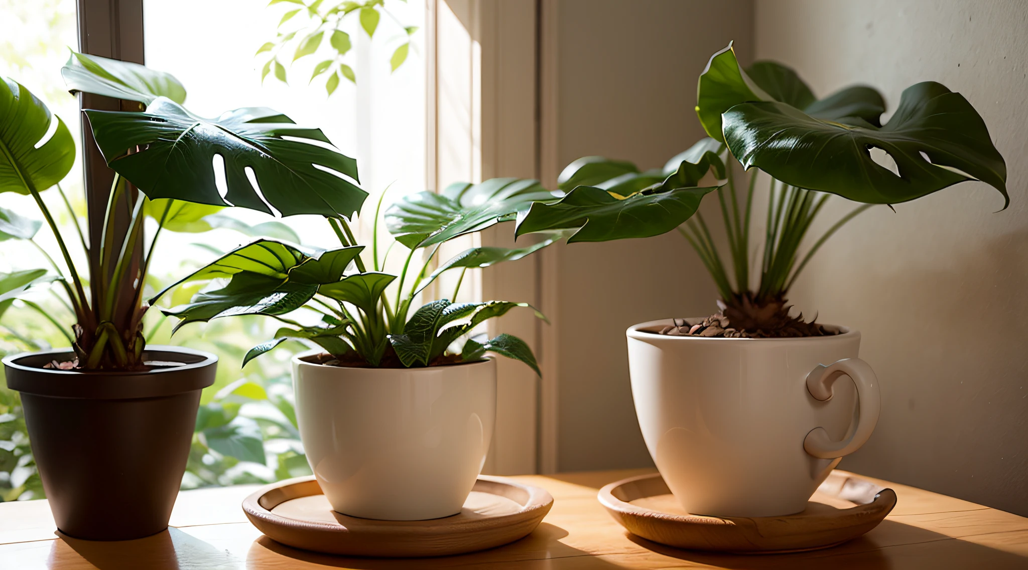 home plant monstera deliciosa, soft sunlight in the background --auto