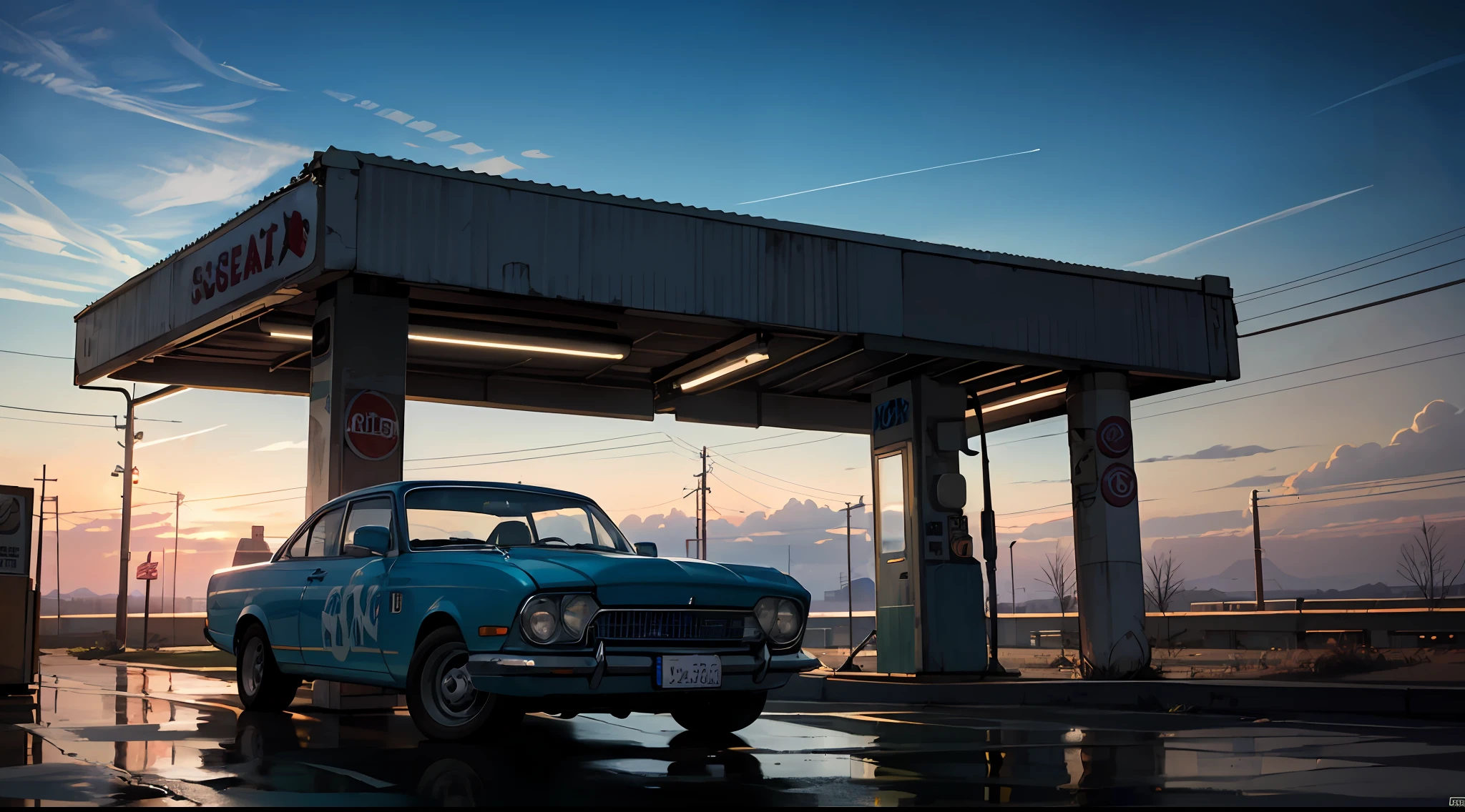 cars around abandoned gas station sign made from a rocket beautiful blue sky Clutter-Home (AtomPunkStyleSD15:1.0), (masterpiece:1.2) (photorealistic:1.2) (bokeh) (best quality) (detailed skin) (intricate) (8k) (HDR) (cinematic lighting) (sharp focus) --auto