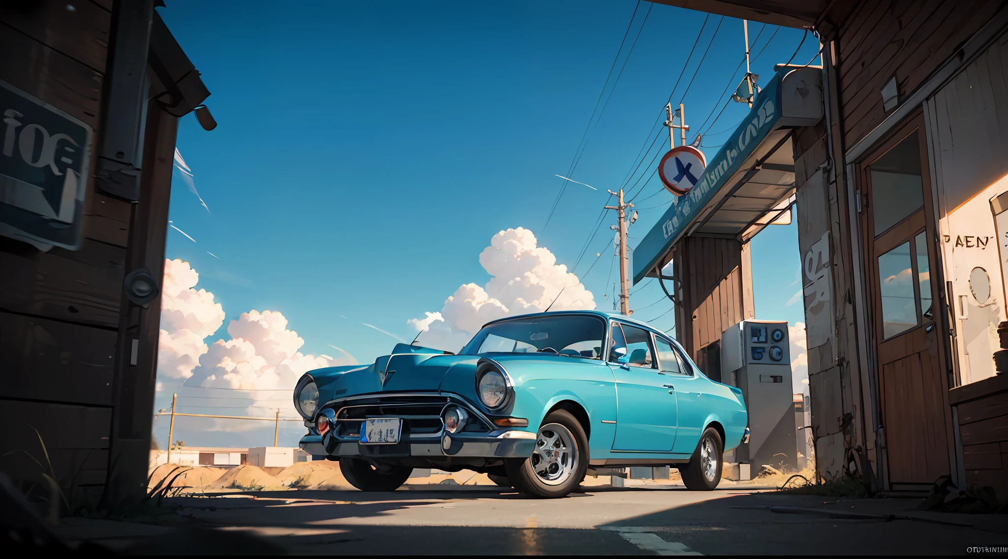 cars around abandoned gas station sign made from a rocket beautiful blue sky Clutter-Home (AtomPunkStyleSD15:1.0), (masterpiece:1.2) (photorealistic:1.2) (bokeh) (best quality) (detailed skin) (intricate) (8k) (HDR) (cinematic lighting) (sharp focus) --auto