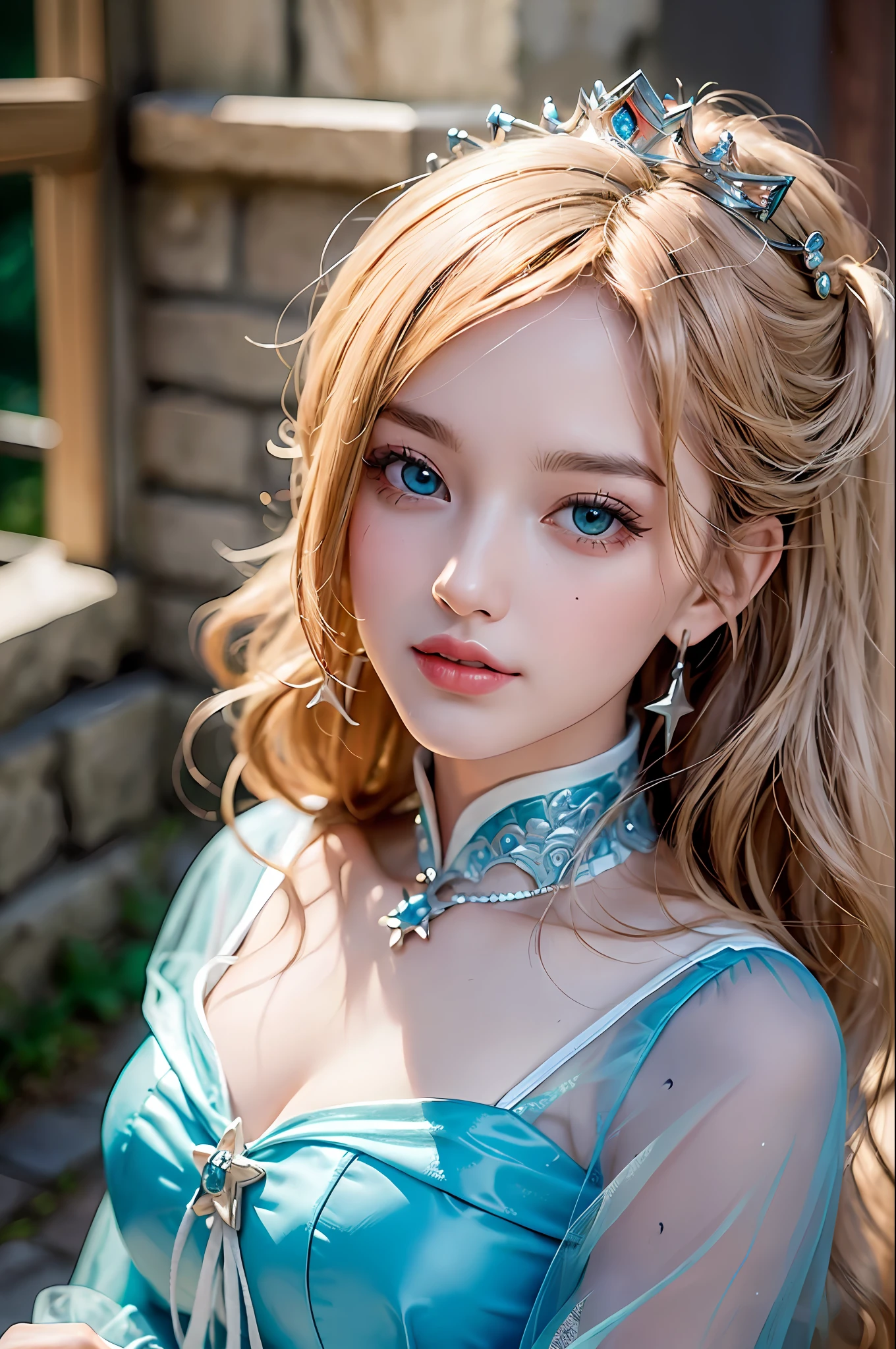 (A masterpice、beste-Quality、Hi-Def:1.4)、Portrait of Rosetta,Live-action adaptation,On the castle、castle、Full picture,absurdist、1girl in、HugeBoobs、star eye、(Princess Rosetta)、(realisticlying:1.5)、Blue Eye、a blond,Silvery crown,Diadem,Happiness、break、Light blue dress、A pretty girl、White arm gloves、fromabove、
cow-boy shot、Perfect Lighting、Unambiguous、looking at the viewers、sidelit、a perfect face、detailed faces、Bangs、Perfect Body、beautifuleyes、Clean face、bright skin、god statue、
Beautiful castle、beautiful city、