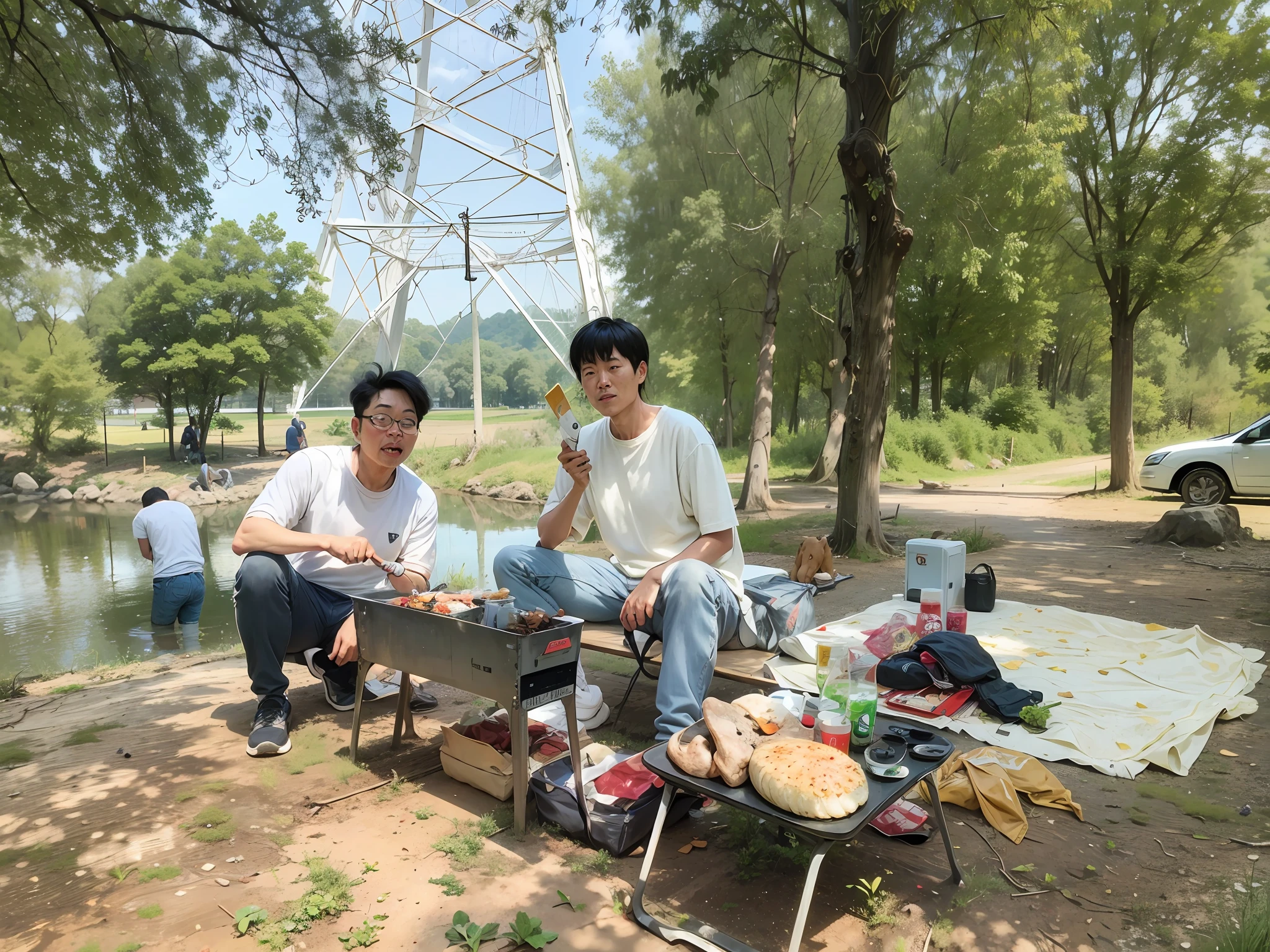 there are two men sitting on a bench near a lake, people on a picnic, having a picnic, yiqiang and shurakrgt, park in background, # overclocking, #overclocking, On a sunny day, shaxi, people outside eating meals, sangyeob park, with a park in the back ground, very very low quality picture,The face is delicate, harmonious and straight,Beautiful exquisite eyes,Full of details,Handsome and sunny,8K quality