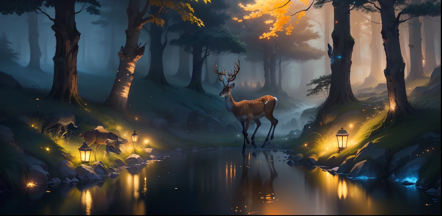 masterpaintings,Perfect picture quality,Perfect light effects,A deer,夜晚,forested,Running deer,CG style,Realistic style,glowworm,Large file size