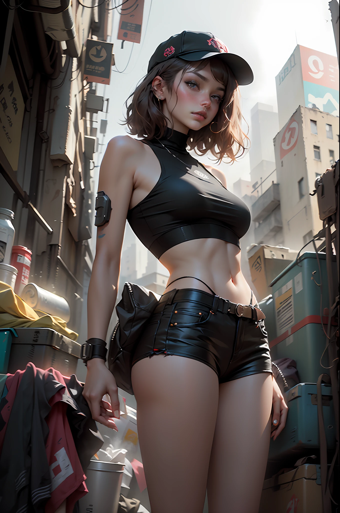 (delicate, beautiful woman: 1.2), (cyberpunk style: 1.1, short crop top: 1.1, cap: 1.05), (medium length hair: 1.05), urban backdrop.