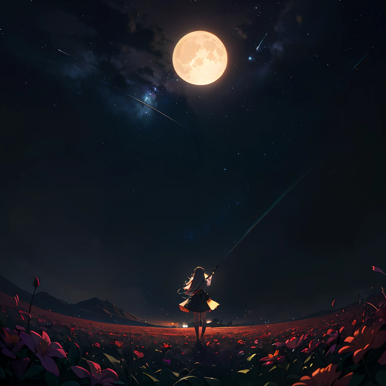 A wide landscape photo, (viewed from below, the sky is above, and the open field is below), a girl standing on a flower field looking up, (full moon: 1.2), (meteor: 0.9), (nebula: 1.3), distant mountains , Trees BREAK Crafting Art, (Warm Light: 1.2), (Firefly: 1.2), Lights, Lots of Purple and Orange, Intricate Details, Volumetric Lighting BREAK (Masterpiece: 1.2), (Best Quality), 4k, Ultra Detailed, (Dynamic Composition: 1.4), Rich in Detail and Color, (Rainbow Color: 1.2), (Glow, Atmospheric Lighting), Dreamy, Magical, (Solo: 1.2) --auto