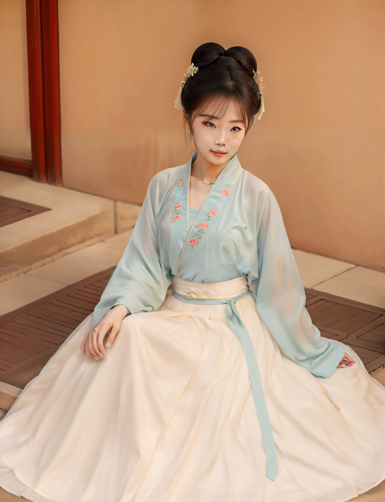 In an ancient city, wearing sky blue and mixed with cream green Hanfu