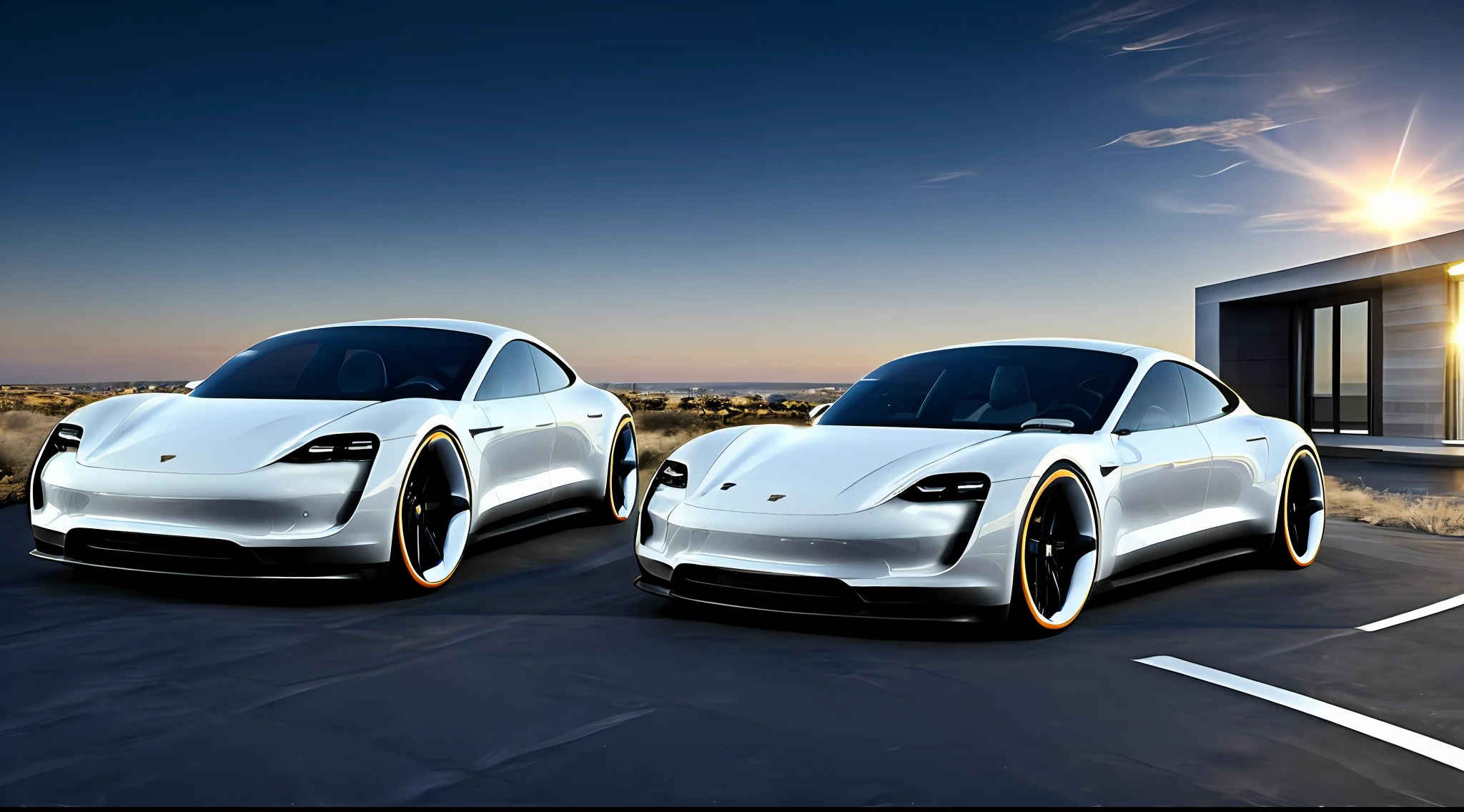 A futuristic, A Tesla and Porsche mashup, White car, smar cars, Eye-level, Realistic, Surreal style, 4K, hdr,