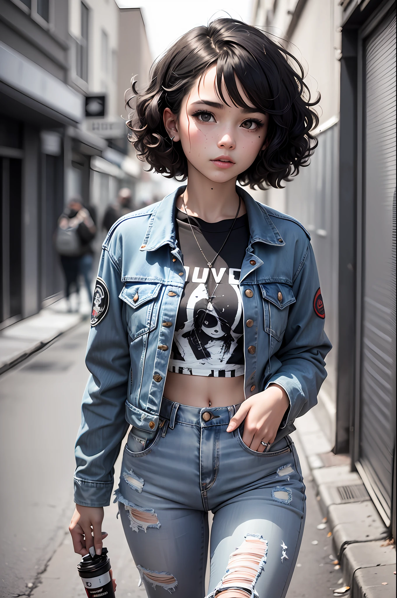 a girl, with short curly hair framing her round face, wearing a worn-out denim jacket covered in patches, a faded band t-shirt, and ripped jeans, walking through a colorful graffiti-filled alleyway, walls covered in vibrant street art, music blaring from nearby shops, a lively and urban environment buzzing with energy, captured in a gritty black and white photography style, using a Leica M Monochrom camera, 50mm lens, capturing the girl’s rebellious spirit and love for alternative culture. --auto --s2