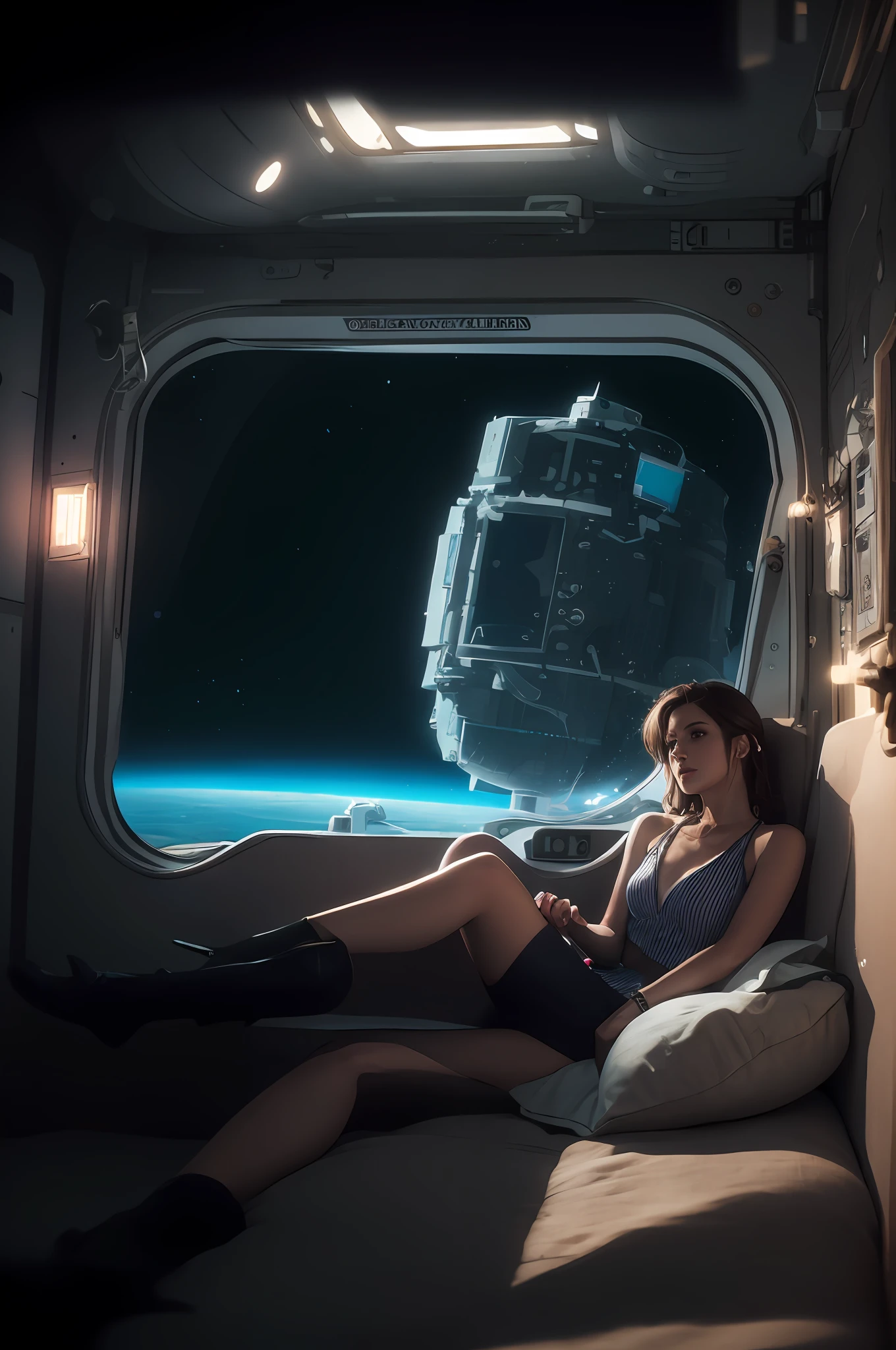 beste-Quality、A masterpice、ultra-high-resolution、(photoreallistic:1.4)、Raw photo、((swim ring))、((hyper realistic detail))、portlate、Rendu octane、8K、ultrasharp、(((Hotels inside the space station)))、Woman in formal clothes sitting and relaxing、anatomically correcte、You can see the earth outside the window、spaceships、2001: A Space Odyssey