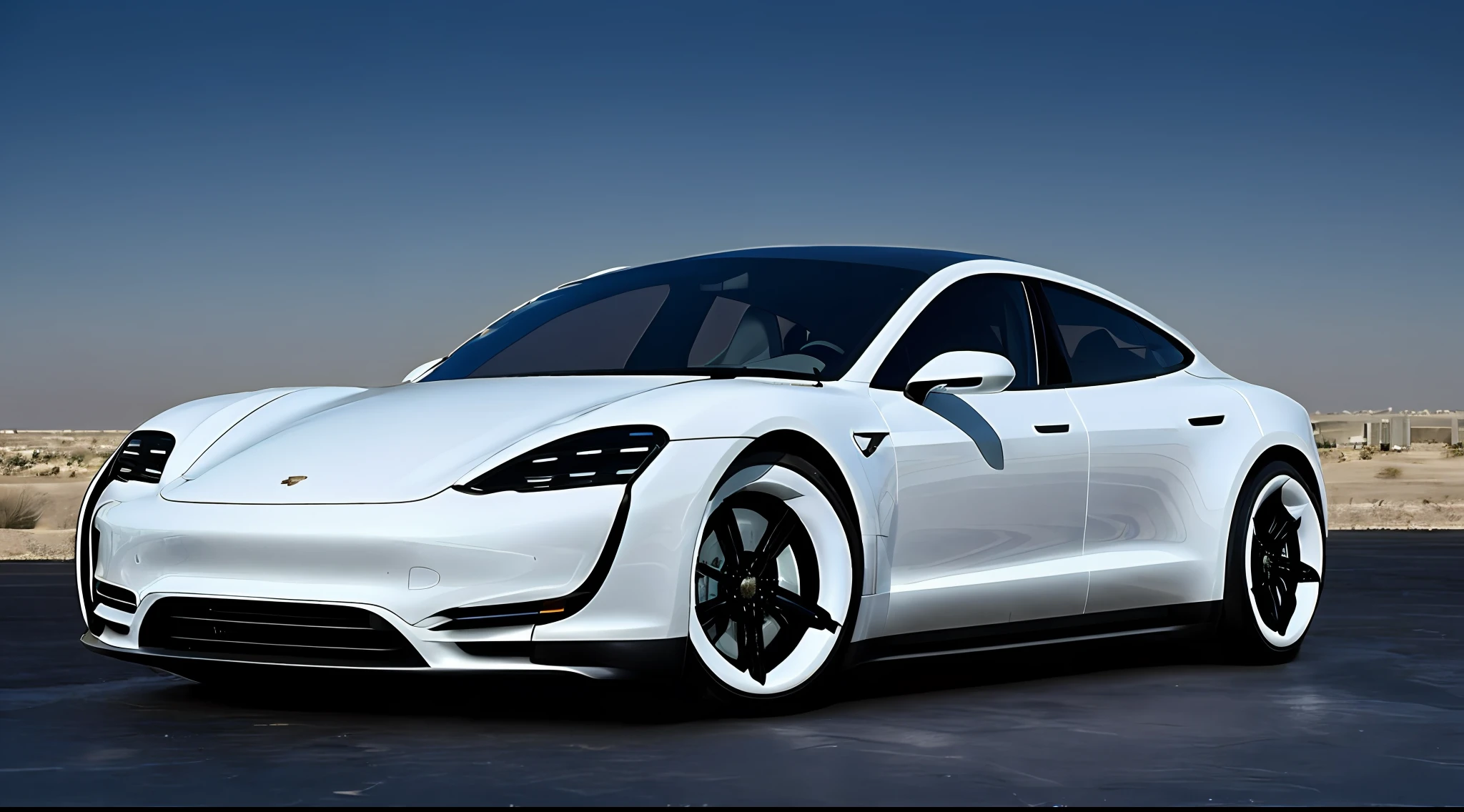 A futuristic, A Tesla and Porsche mashup, White car, smar cars, Eye-level, Realistic, Surreal style, 4K, hdr,