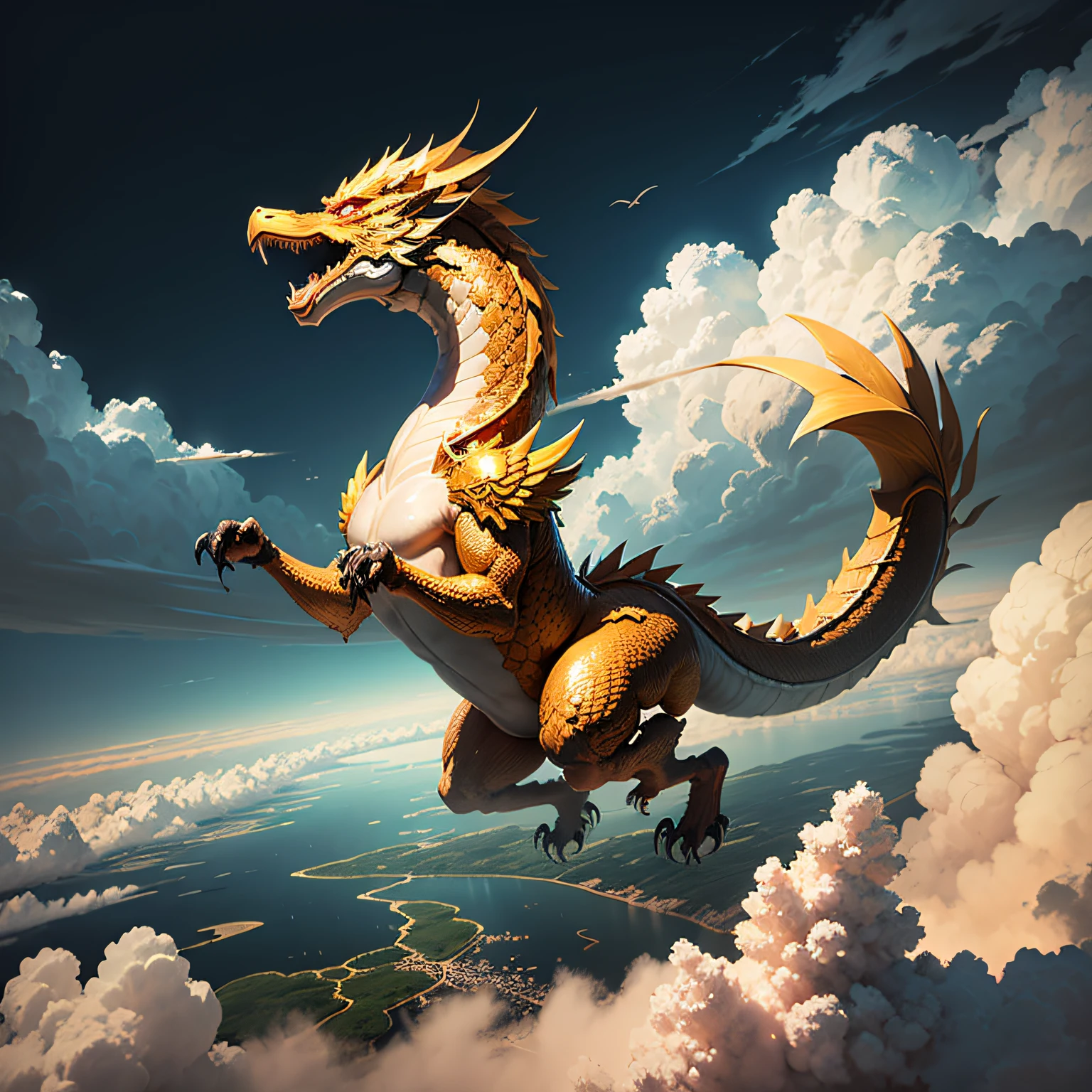 A golden Chinese dragon, soaring in the clouds and mists, calling for wind and rain, stirring up the clouds and waters of the four seas,phoenix,fenghuang,long --auto
