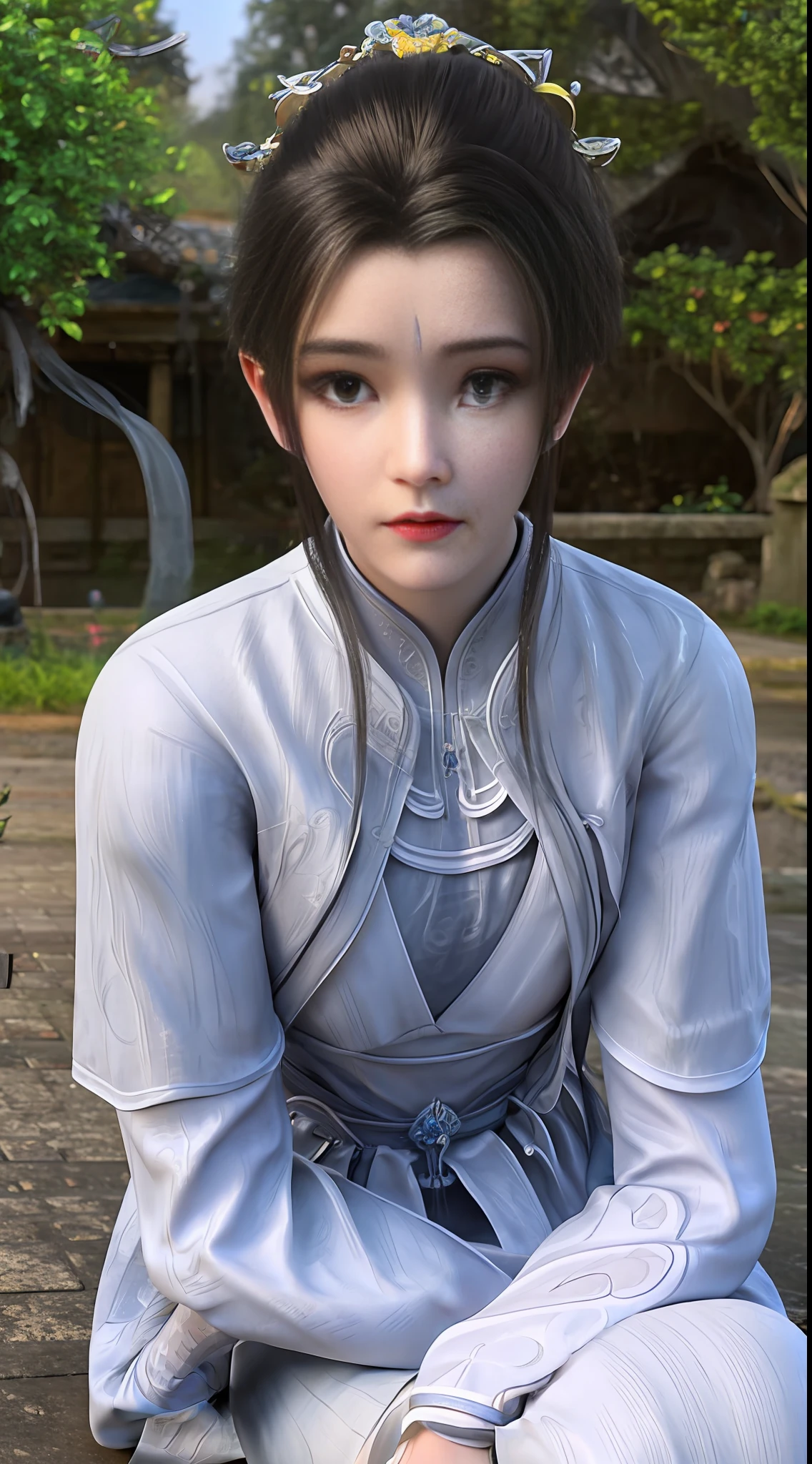 (masterpiece), High Picture Quality, faerie, Antique painting style, Sit on your knees, A white dress, Beautiful face, Garland embellishment, Gentle mist,Tranquil water, Next to the ancient well, Light makeup, warmtones, Engraved details, Delicate texture.