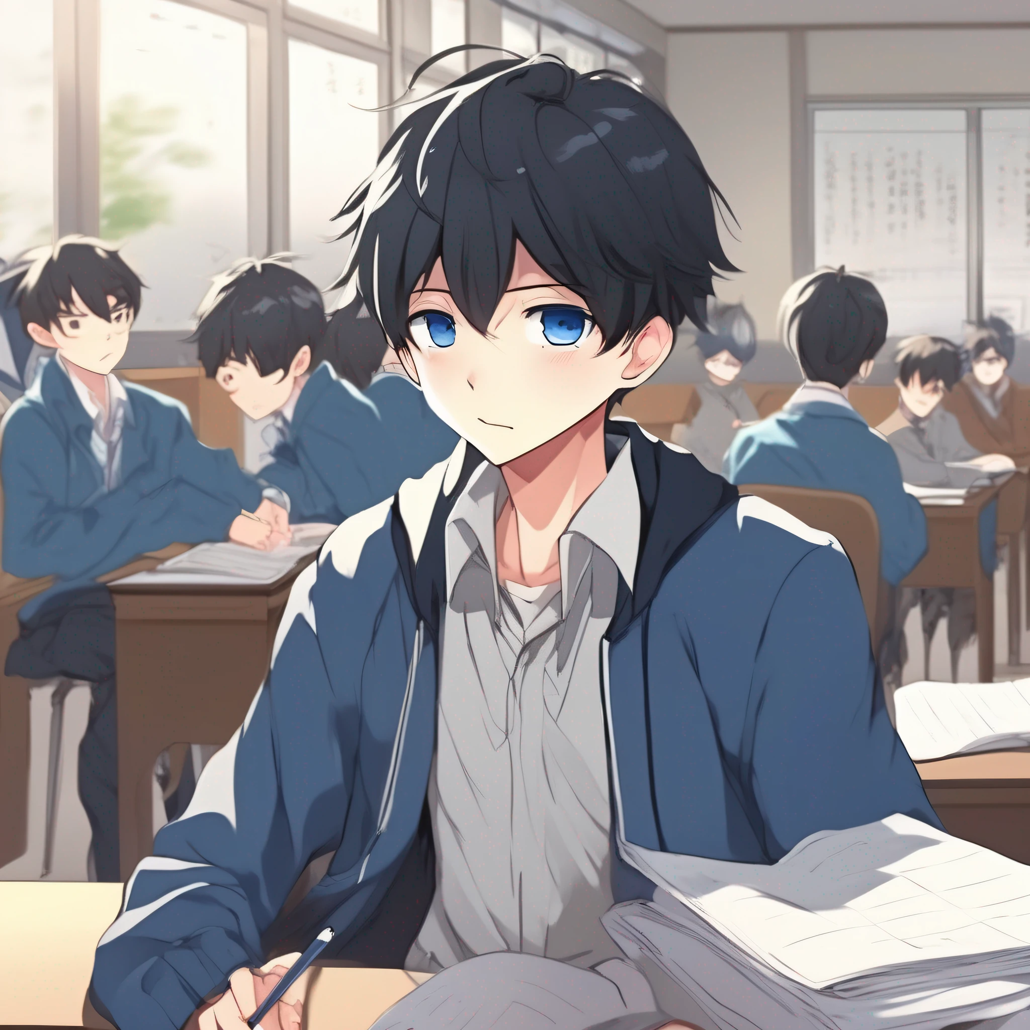 Anime boys,with short black hair,Blue eyes,Wake up in the college entrance examination room,Surrounding classmates write test papers quietly