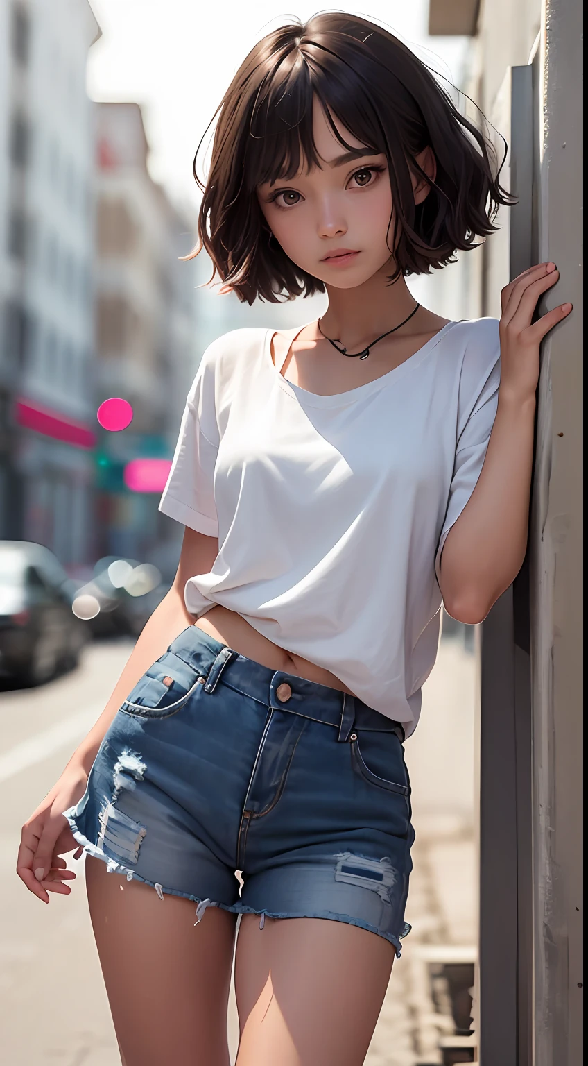 (Masterpiece), (high quality), (ultra detailed), (short hair), (illustration), (1girl), (casual clothes), standing, model, looking at the viewer, (photo essay), (blurred background), beautiful detailed eyes, beautiful and delicate face, black skin, floating, (low saturation), (bright), focus on facial expression, black hair, side bangs,