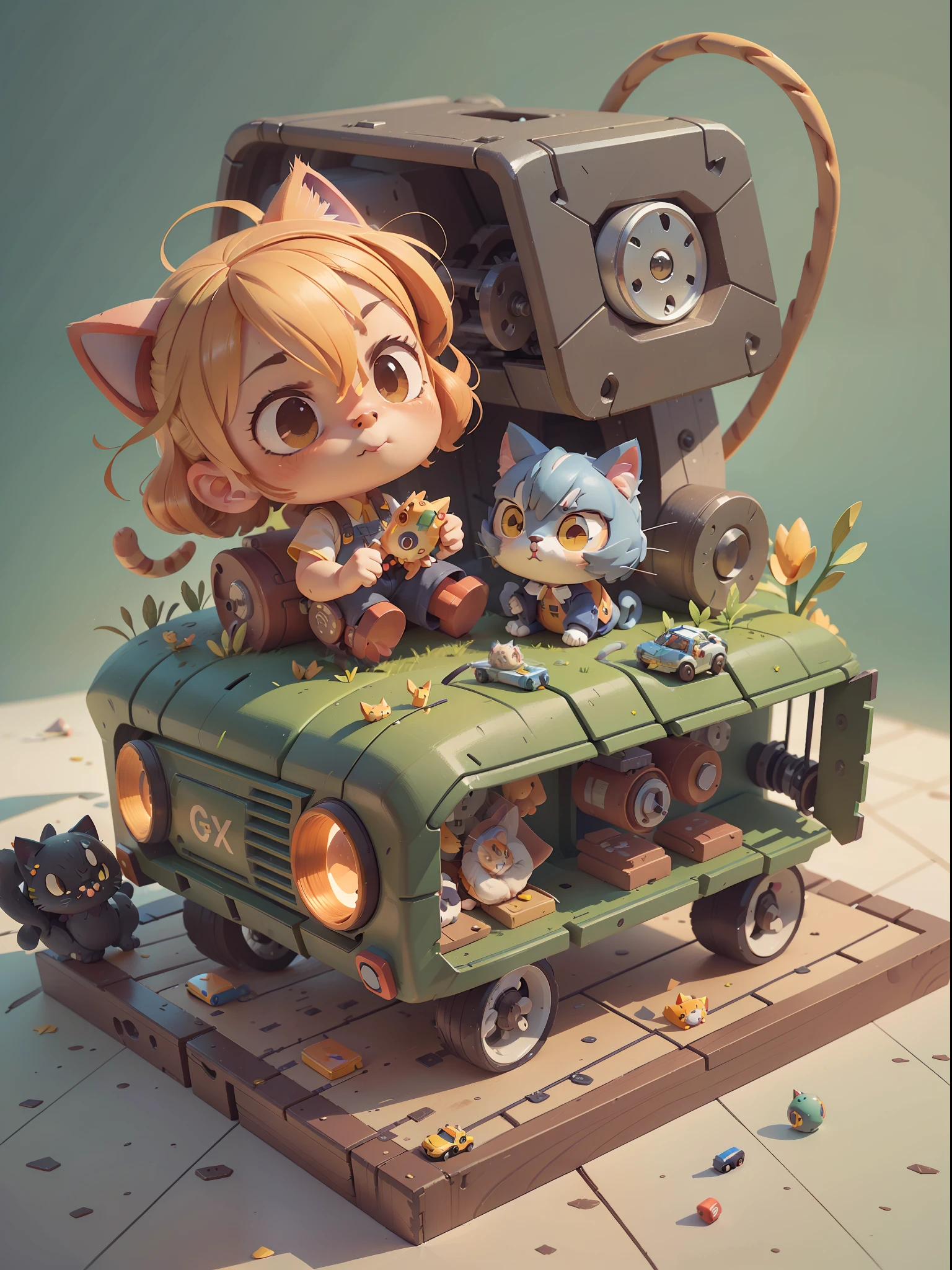 (A mechanical,cat:1.331),(Mechanical cat tail),(Against the background of a sea of flowers),Cute style,Small Man,large head,(Hot Wheels:1.331),a 3D render,((Q version)),Pokémon style,Machine style,Cinematic texture,Figures,Pokémon,cinematiclight,Heavy robotic arm,Mechanical belly,mechanical leg,mechanical leg,Mechanical feel,The background surrounds lightning,lightning flashes,cruelty,Clean white background,raytrace,Premium color,Full body 3D model,Action,Stylish blind box toy。(fill body:1.2),Chibi T-Shi
