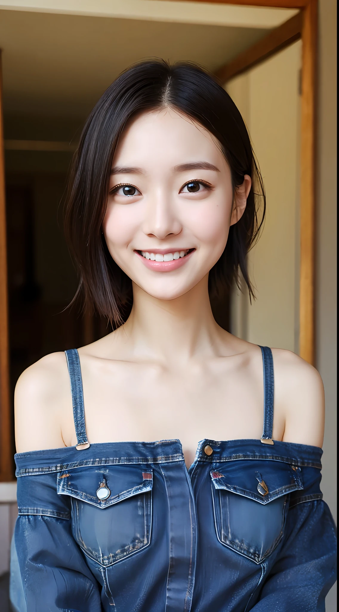 Photo Finish、slender、kawaii、Japan Beauty、Very very cute face、smiling slightly、Fine skin、Thin denim off-shoulder、Very small underwear、realphoto、Cinematic light、Clothes are taken off、magic hour