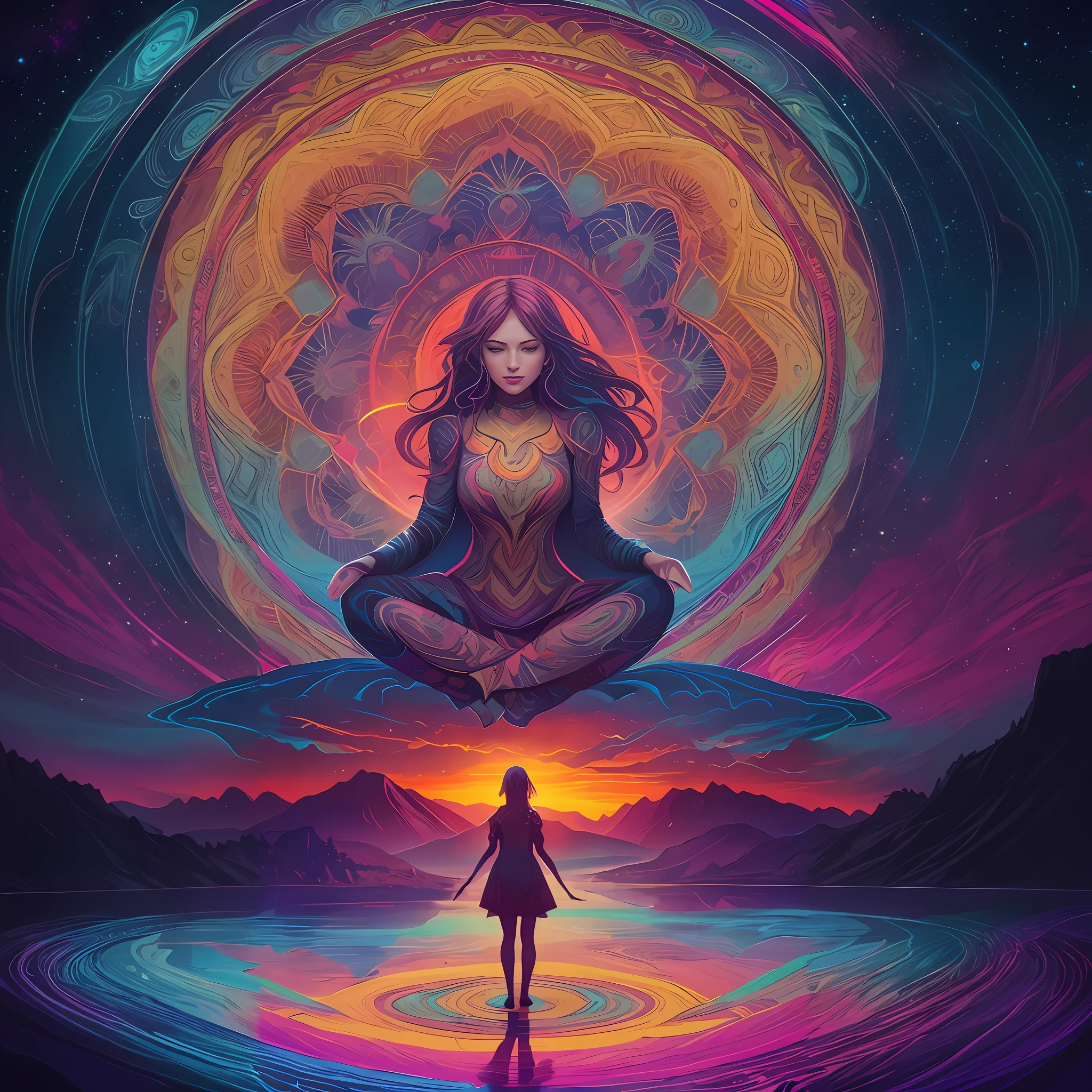 woman over 22 years of age looking at zenith, meditating, arms wide open, cinematic, 4k ultra, beautiful face, ((full body)), detailed, perfect fingers, beautiful woman: 1.3, beautiful face with good sharpness, saturated colors, psychedelic image, LSD, mandala, fractral, 3D depth, dan mumford and alex grey style, sunset psychedelic, kilian eng vibrant colours, psychedelic landscape, kilian eng vibrant colors, dan mumford and albert bierstadt, official artwork, in the style dan mumford artwork, dan mumford paint, jen bartel, psychedelic art style, mythical floral hills --auto --s2