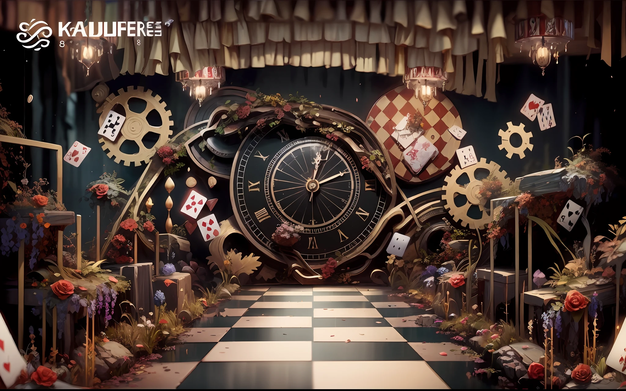 No Man, masterpaintings, optimal quality, 8k,Look-through, depth of field, high resolucion, finedetail, superdetailed, Sharp focus,Wedding banquet hall,Alice in Wonderland,playingcards,Rose flower,Black and red color scheme,inside room,grand
