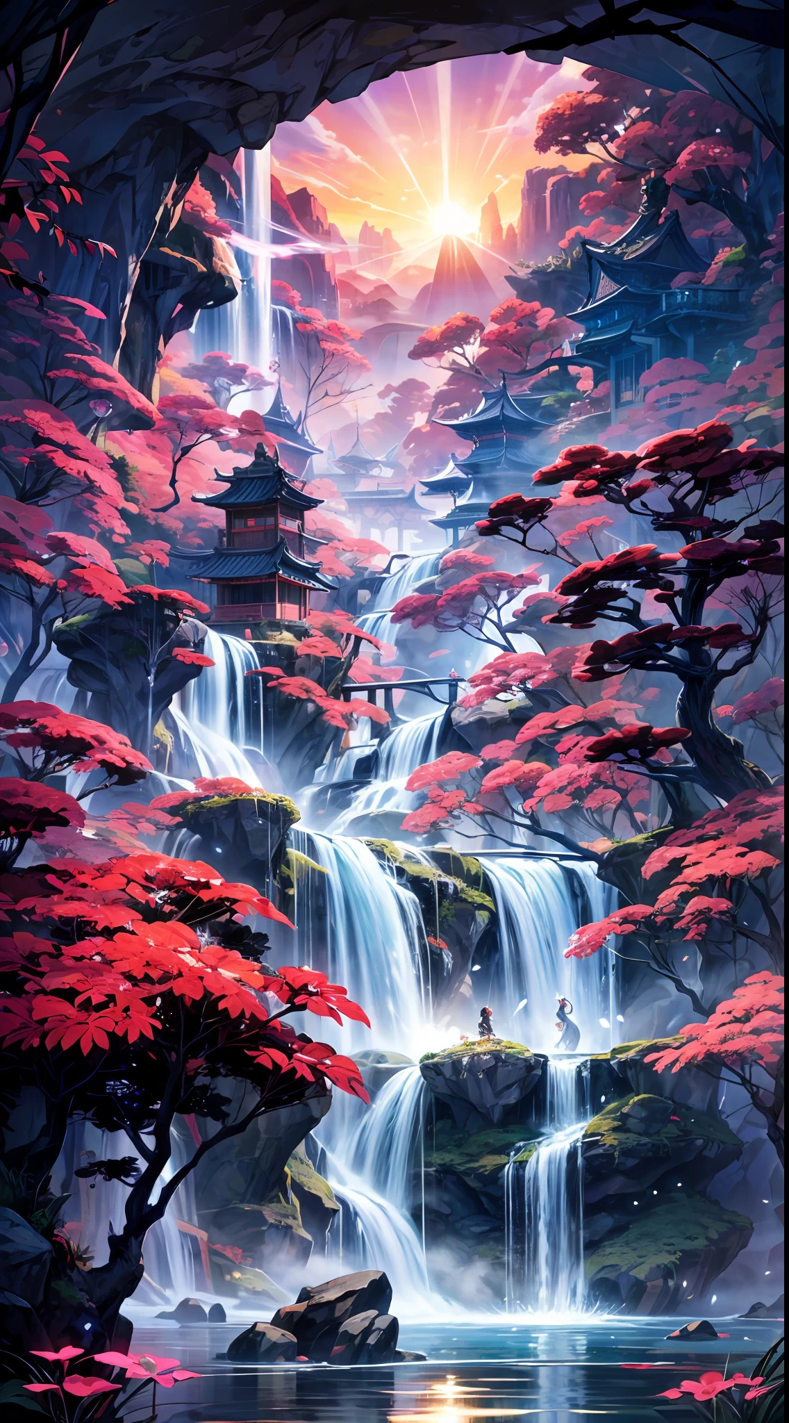 masterpiece, best quality, trending on artstation, The image portrays an otherworldly scenery that takes you on a magical journey to ancient fantasy China. BREAK In the center of the image, you see a magnificent waterfall cascading down from a towering cliff into a serene and tranquil pool below. The water sparkles with the reflection of the sun, creating a dazzling display of light. Above the waterfall, you see a series of floating islands, each one seeming to defy the laws of gravity and physics BREAK These islands are adorned with intricate details, with pagoda-style roofs, ornate bridges, and lush gardens. The sky above is a tapestry of colors, with hues of pink, orange and purple that blend together in a stunning display of natural artistry. You also see hints of magic, with glowing orbs of light floating in the air, and intricate symbols etched into the rocks surrounding the waterfall BREAK The overall effect of the image is one of serene beauty and mystical wonder, transporting the viewer to a fantastical land that seems to exist only in the realm of dreams and imagination.