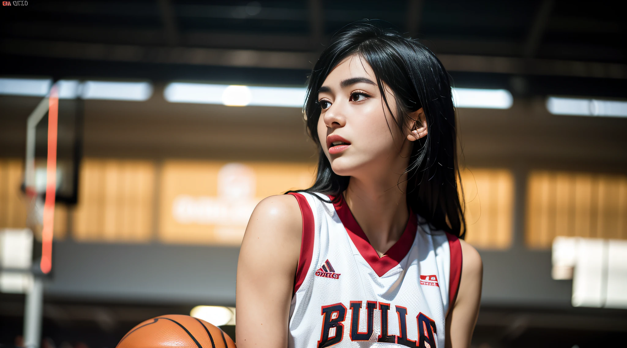 (8k, best quality, masterpiece:1.2), (realistic, photo-realistic:1.37), ultra-detailed,best quality, ultra high res, professional lighting, photon mapping, radiosity, physically-based rendering, cinematic lighting, basketball court,depth of field, sharp focus,sunbeam, good composition,(bokeh:1.2) 1girl,solo,(full body), (closed mouth),beautiful detailed eyes, pose, narrow waist,basketball uniform, black hair,messy hair,long hair floating in wind,(ulzzang-6500:1.2)
 mix4, hiqcgbody