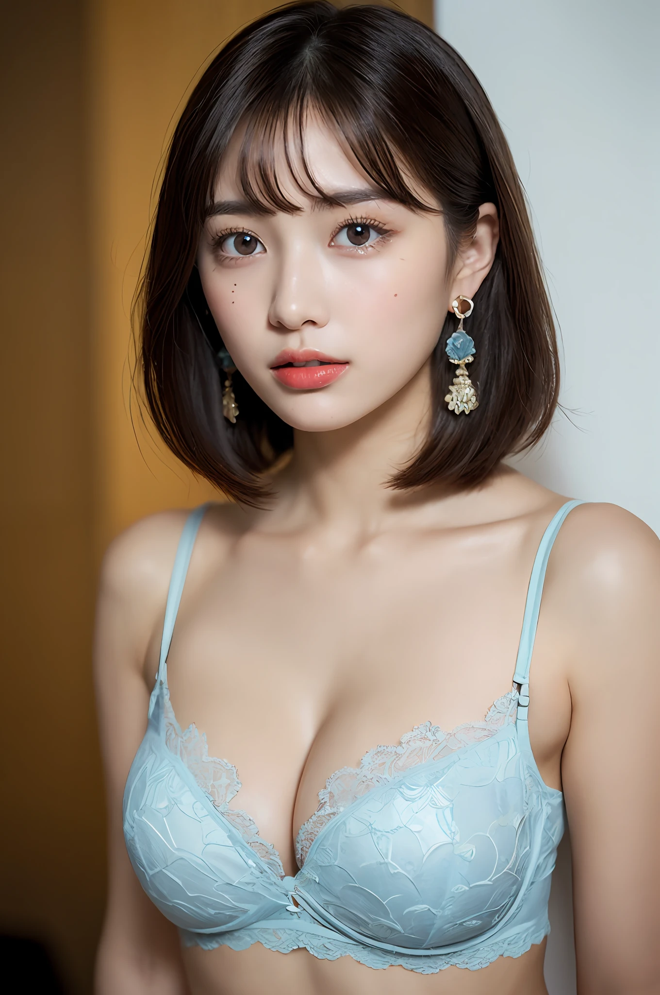 (ultra hyperrealistic), (illutst), (Hi-Def), (8K), (Heavily detailed), (the best illustration), (Beautiful detailed eyes), (Best quality), (Ultra-detailded), (A masterpice), (wall paper), (details face), 双眼皮、Tear bag、natural make up、Short hair bob cut,Earrings with bangs、独奏、20-year-old black-eyed Japan beauty in light blue lace underwear、((Baby face))、(((G Cup Big)))、(((large tits)))、Cleavage emphasis、((Full body up))、((Glamorous body))、Seduction Pose