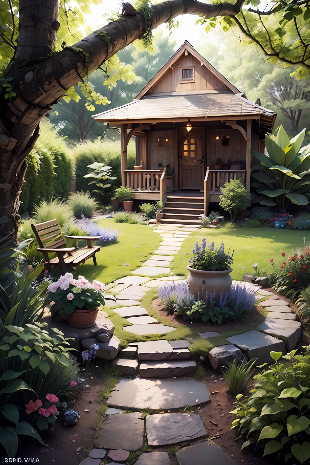 Enter a charming rustic garden, where nature reveals itself in its most genuine form. Irregular stone paths lead to every nook and cranny, revealing surprises at every step. The soft scent of wildflowers lingers in the air, while the lush green of plants envelops the space in its serenity.
In the shade of ancient trees, you will find cozy wooden benches, inviting you to rest and contemplate. Ceramic vases with delicate flowers color the corners, bringing a touch of life and joy to the environment. The soft sound of a water fountain echoes harmoniously, creating a serene and relaxing atmosphere. The birds sing enchanting melodies, bringing the feeling of being immersed in nature itself.
A small pergola covered in vines offers a cozy space to enjoy quiet moments. At night, delicate pendant lights gently illuminate the garden, creating a magical and welcoming atmosphere.
In this rustic garden, time seems to slow down. Each element is carefully arranged to create an enchanting haven where peace, serenity and connection with nature can be found. It's an invitation to get lost in the charms of this green oasis and recharge your energies amidst the simple and adopted beauty of nature. --auto --s2