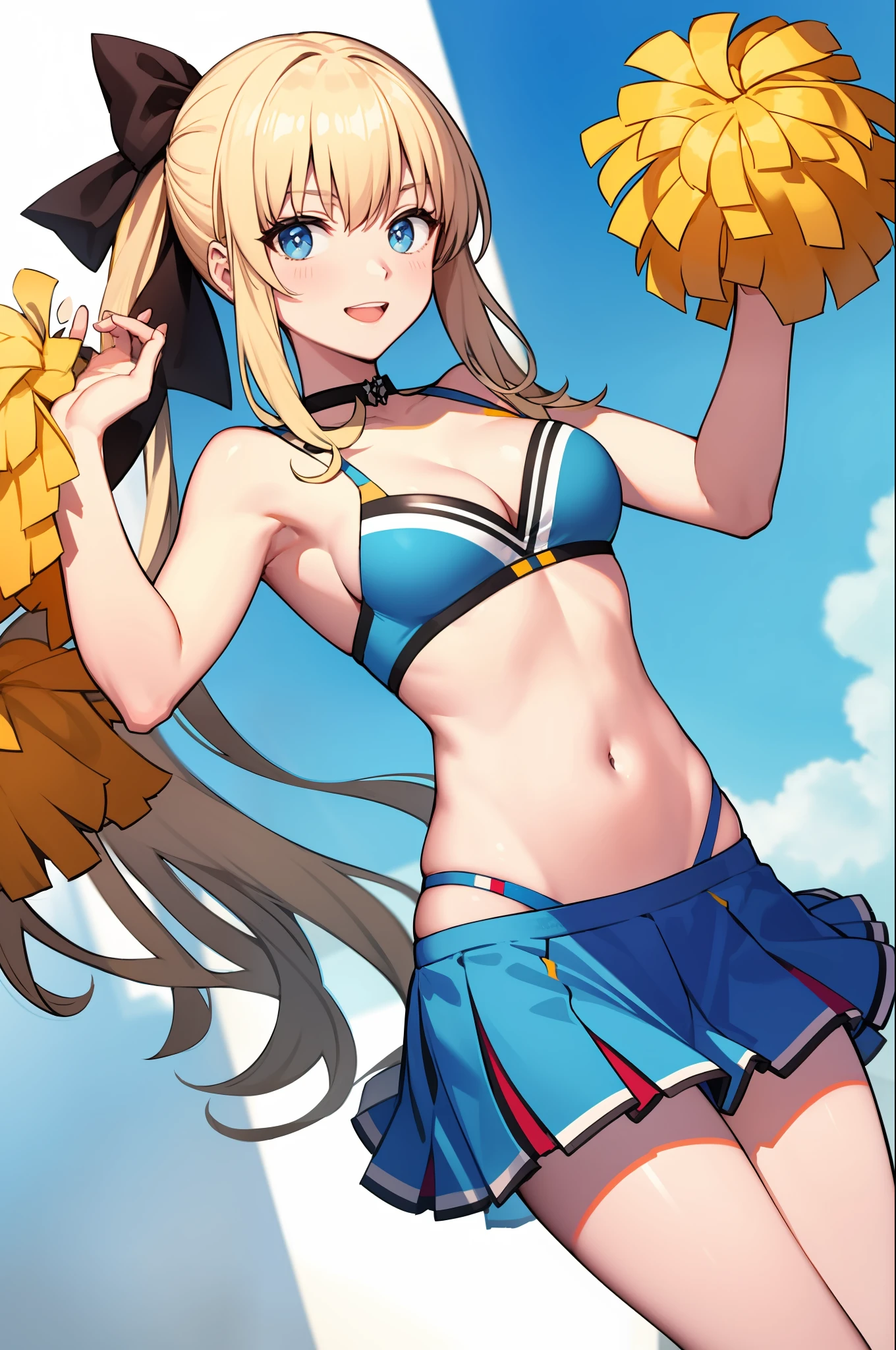 masterpiece, best quality, long hair, medium breast, cleavage, navel, slim legs, morgan fate blonde hair, stage, cheerleader, happy, short skirt