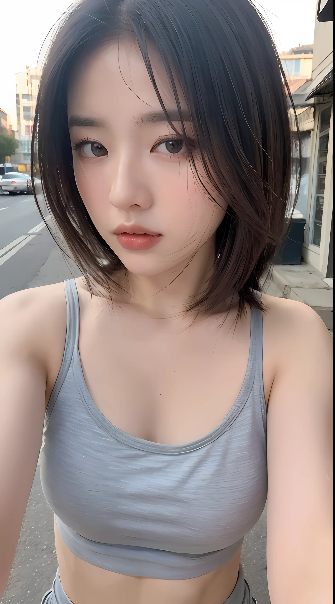 ((Best quality, 8k, Masterpiece :1.3)), Sharp focus: 1.2, Perfect Body Beauty: 1.4, Slim Abs: 1.2, ((Layered hairstyle: 1.2)), (Tank top shirt:1.1), (Street: 1.2), Highly detailed face and skin texture, Fine eyes, Double eyelids