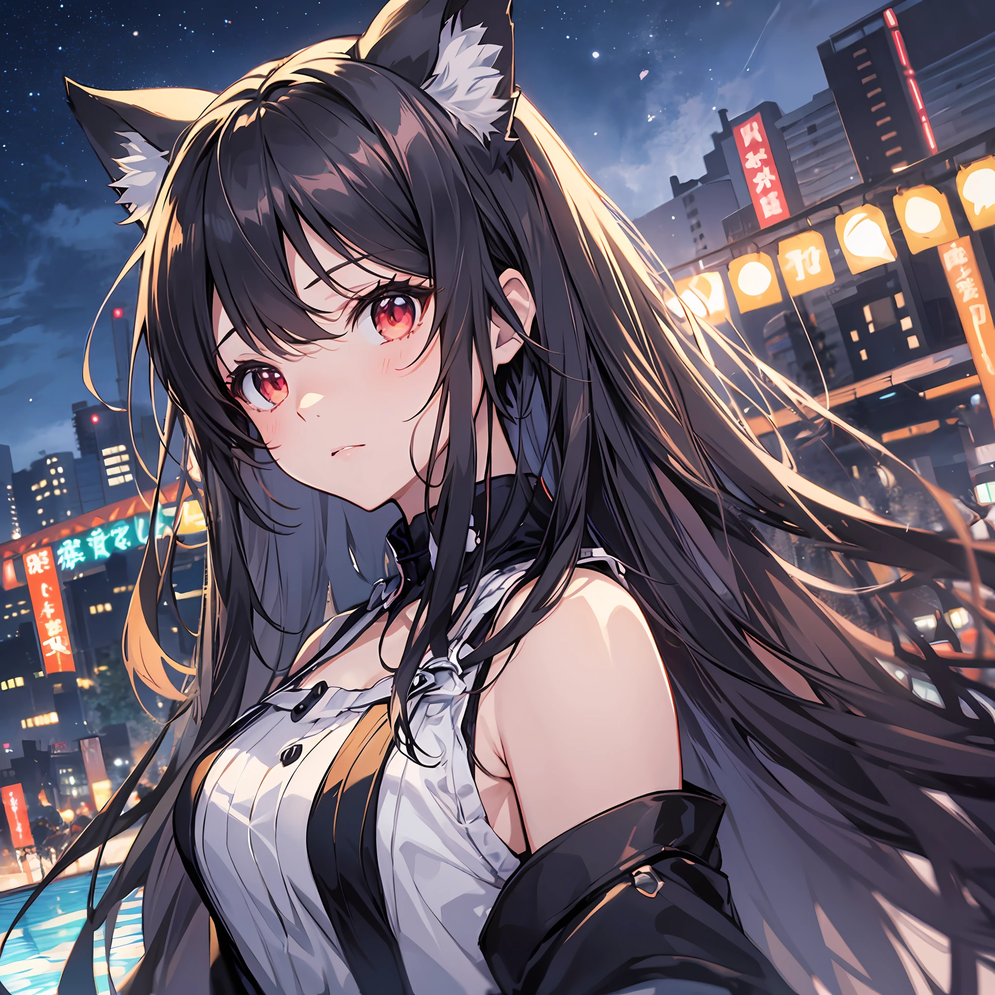 beste-Quality、8K))One woman Anime girl with long black hair and cat ears、tohsaka-rin、anime moe art style、Fate/Anime style like Stay Night、long hair anime girl、extremely cute anime girl face、nightcore、From the front line of girls、Portrait of a cute anime girl、Anime girl with cat ears、High quality anime art style、 beautiful anime woman Night mood Red eyes Night Pool swimsuiti