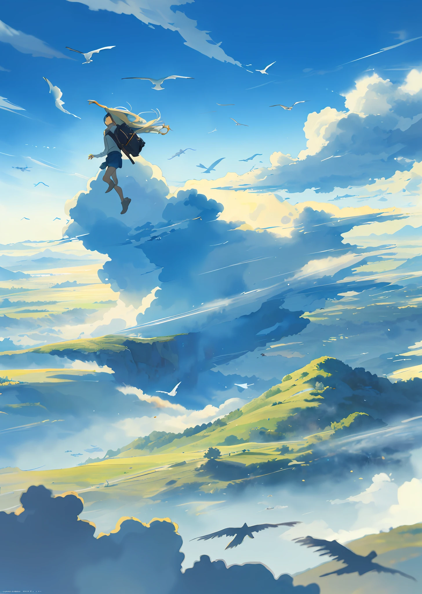 ((The vast sky+large grassland+breathtaking scenery: 1.2+dramatic picture),(beautiful skyline+high hanging Polaris+colorful natural light+best illumination)), moving visual effects,((1girl)+ Long-sleeved top + denim shorts + backpack + delicate face: 1.2), (dark hair + yellow hair + green hair: 1.3), dynamic pose: 1.2, ((wide shot + dynamic angle + delicate framing), (flying birds:0.9+flowing clouds:0.9)),((watercolor+gradient color effect):0.9), leaves