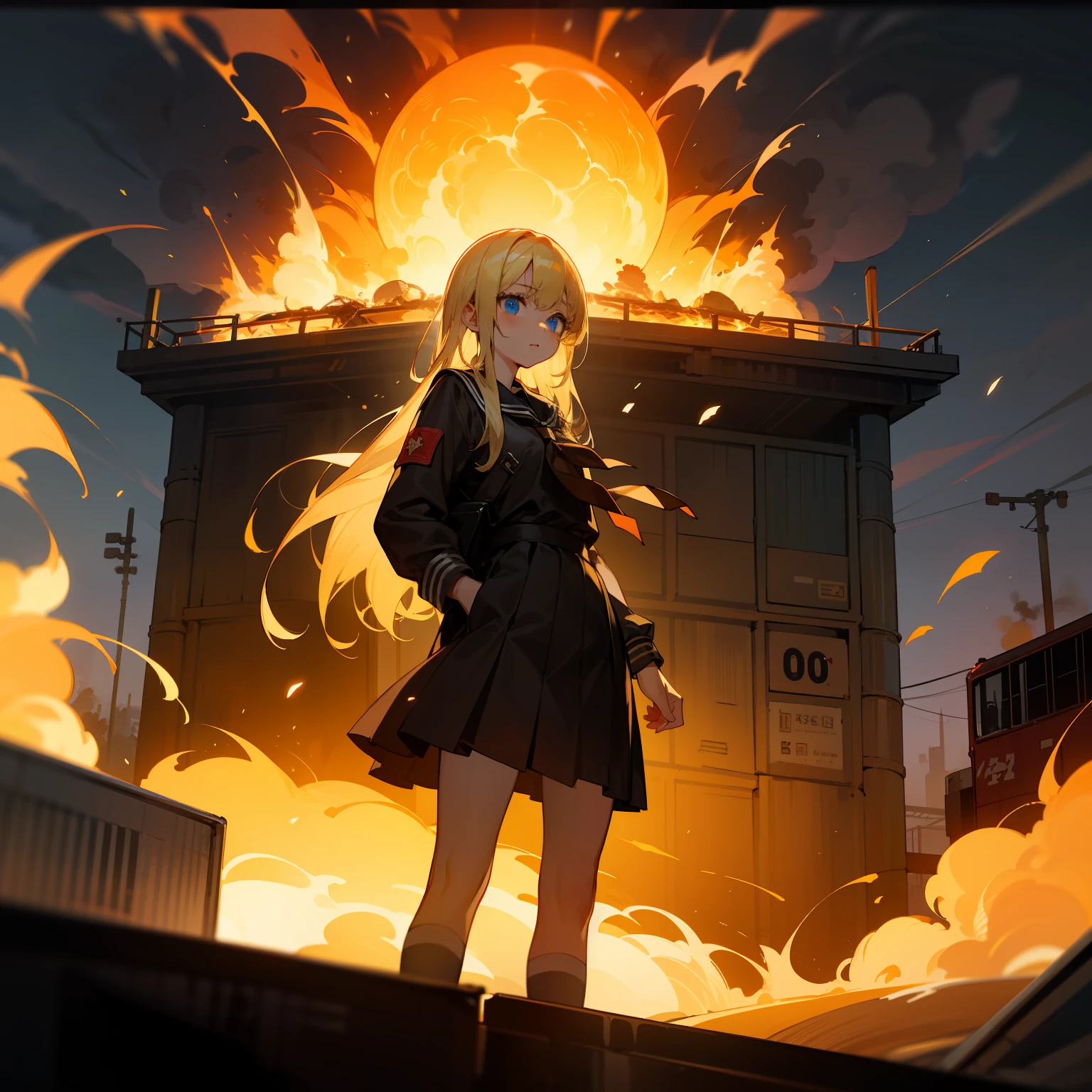 A masterpice, Top image quality, Hi-Def, Beautiful blonde girl、Whole human body、Blue eyes、deadpan、A schoolgirl、student clothes、semi long hair、The  is standing、showing butt、by night、Military base blown up in flames、Armored car blasting into flames、