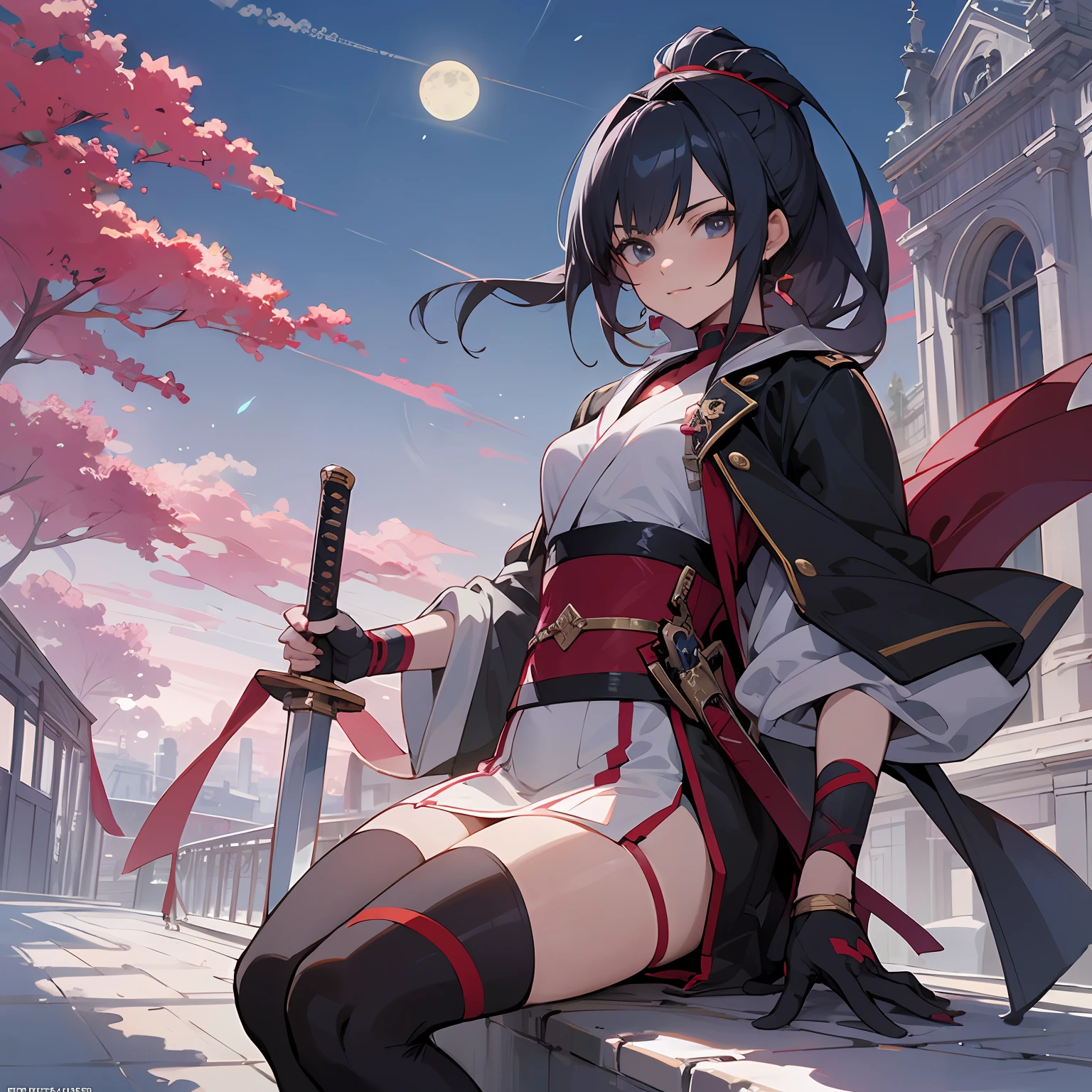 anime girl sitting on a ledge with a sword in her hand, A slight smile,badass anime 8 K, anime style 4 k, anime art wallpaper 4k, anime art wallpaper 4k, anime wallpaper 4k, anime wallpaper 4 k, 4k anime wallpaper, Anime art wallpaper 8k, Best Anime 4K Wallpapers