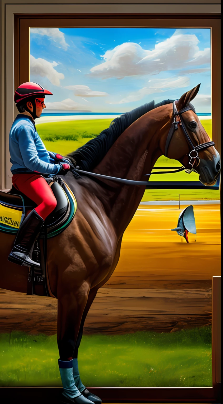 harlequin horse and horsemen...with a rider dressed in colored tights with a blue plate and a cloth, artistic aesthetics, water with reflections on the ground, horse in the foreground, small warm light bulb, reflective gray ground with some opacity, the same image previously generated, in the context of a room with low water in perspective, with light entering through doors and windows, in the style of Velázquez, 13 riders on their horses of different warm tones in each generation of images, white, blue, yellow , green, the water a little higher and with waves and movement of the water,yellow --auto