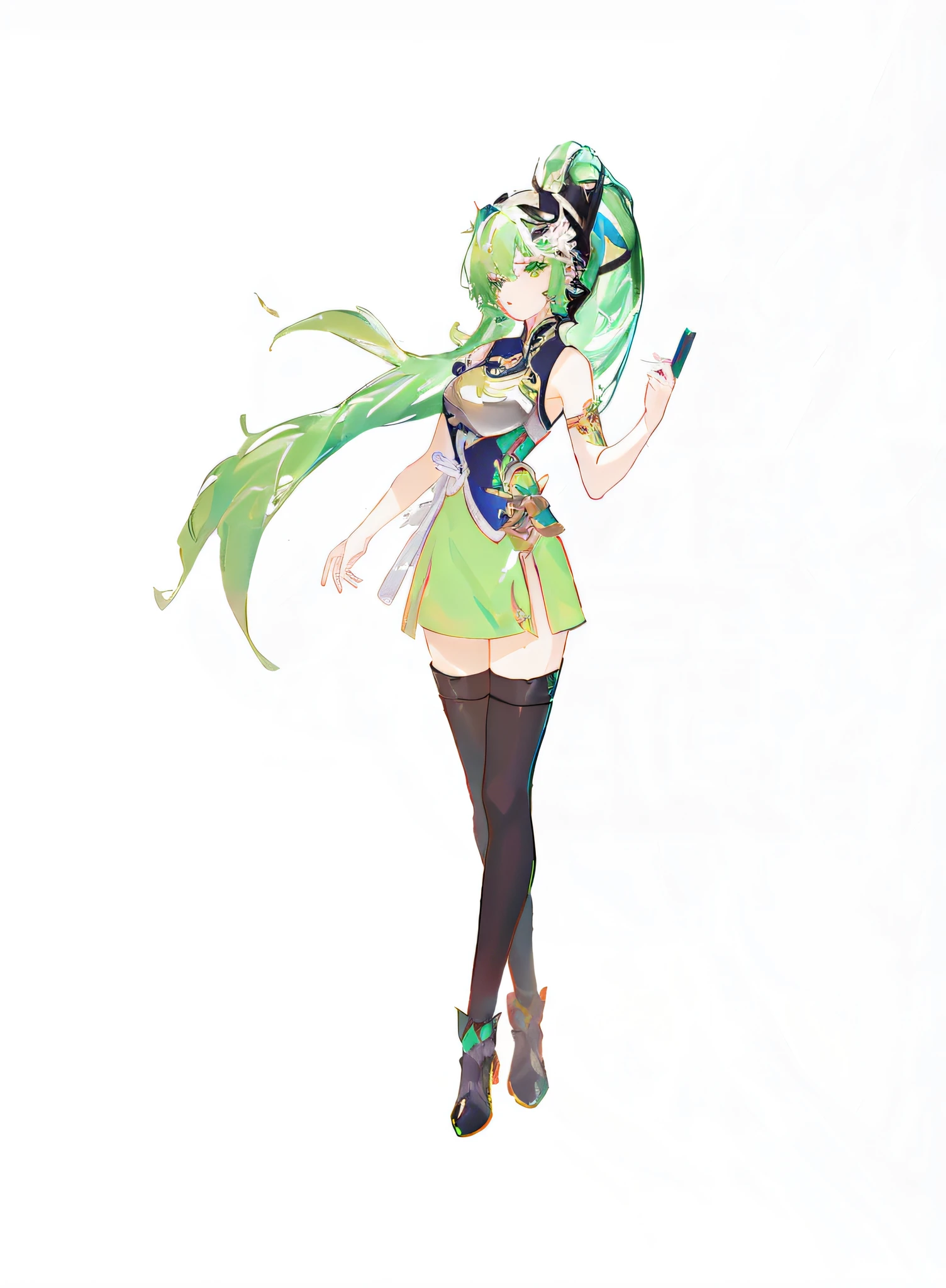Anime girls wear green dresses,There is metal armor on the clothes,Green hair and black stockings, full body xianxia, full body adoptable, official character art, Full body standing painting, Ayaka Genshin impact, ( ( concept art of character ) ),