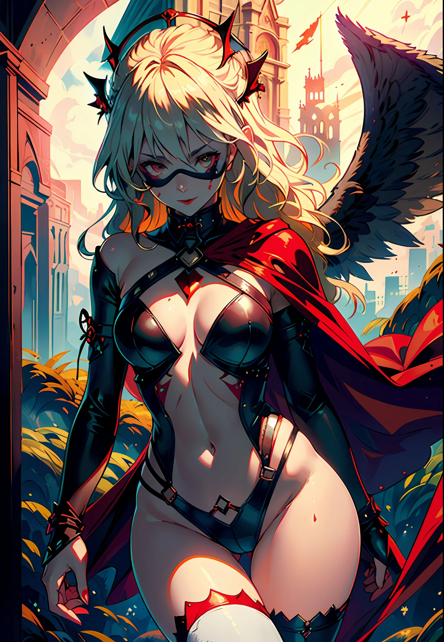 1girl, blonde hair, crown, , sword, green eyes, solo, thighhighs, cape, looking at viewer, white thighhighs, armor, holding sword, holding weaponing, enchanted woods, mini crown, open mouth, white gloves, red cape, gloves, sky, short hair, cloud, day, ribbon, outdoors, hair ribbon, blush, breastplate,skirt, elf warrior, with horns