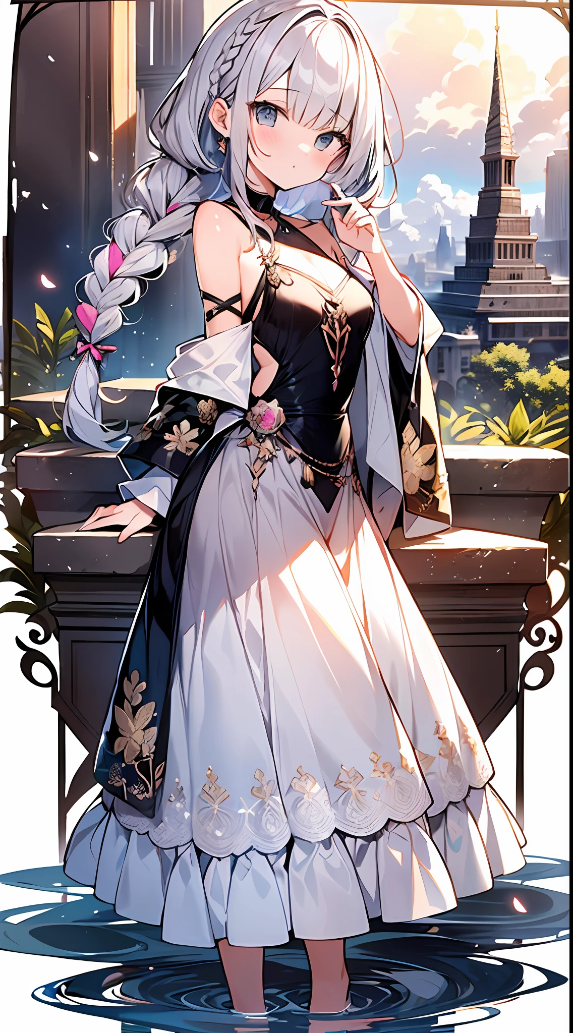 (incredibly absurdres absolutely resolution: 1.5), highest quality, masterpiece, ultra high resolution, 8k, (multiple girls), (gorgeous dresses with many gorgeous and colorful decorations) BREAK shoujo manga style, (loli), soft line drawing, digital enhancement, shojo manga touch, environmental change scenes, shojo manga core, ( Hair length to the shoulders))), (((short braid))), ancient capital of the West, full body visible angle, entangle, beautiful and aesthetic: 1.5, High quality: 1.3