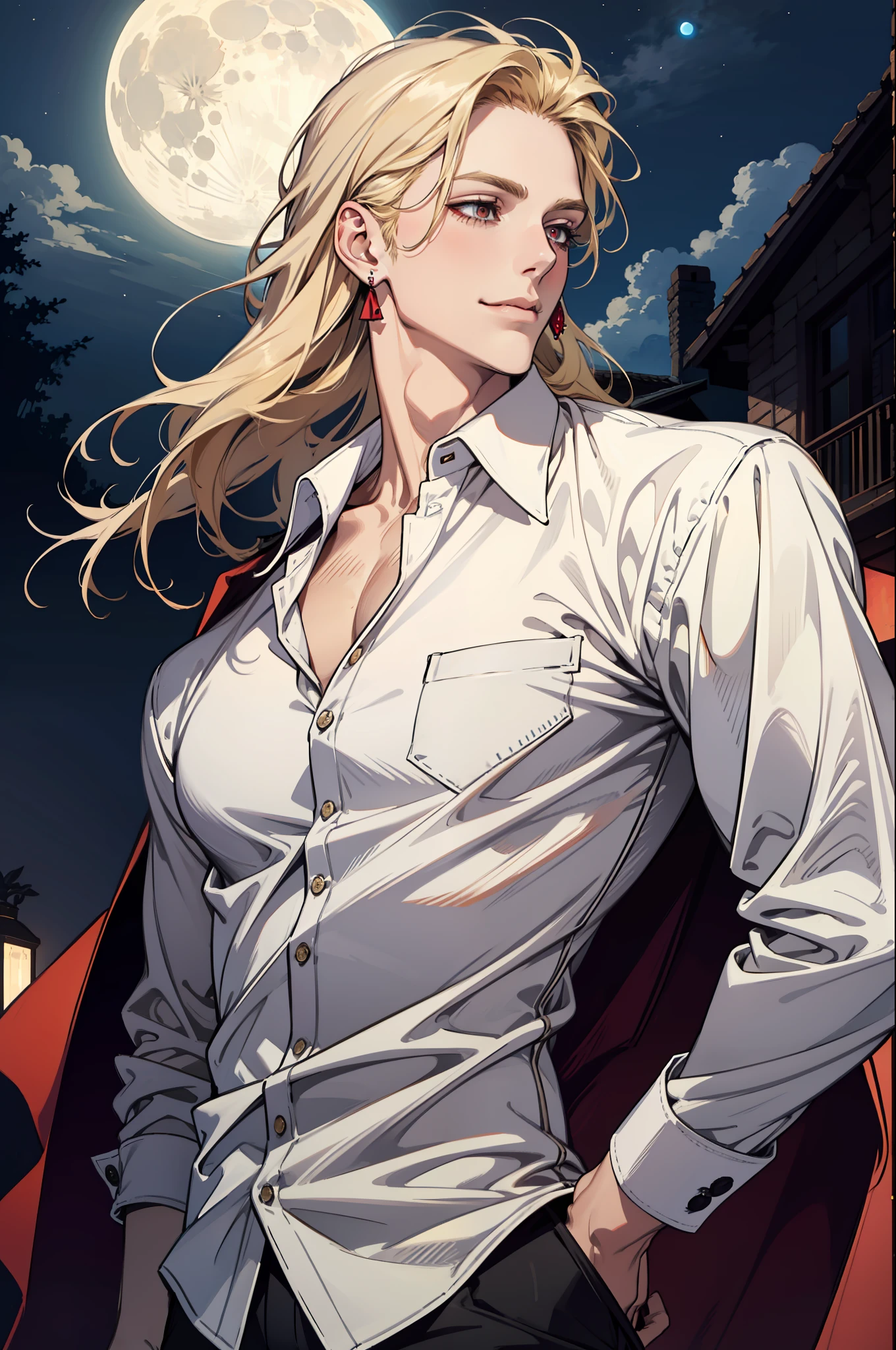 (absurdres, highres, ultra detailed), 1man, 30 years old man, adult man, handsome, tall,, finely detailed eyes and detailed face, leather pants, (((white shirt))), night, smile, dutch angle, ((long hair, blonde hair)), moon, gold details, earrings, gothic, vampire, vampire prince, dark, simple clothes, looking at the view, pale skin, red detailed eyes, (masculine), sexy, elegant, long bangs, detailed hands