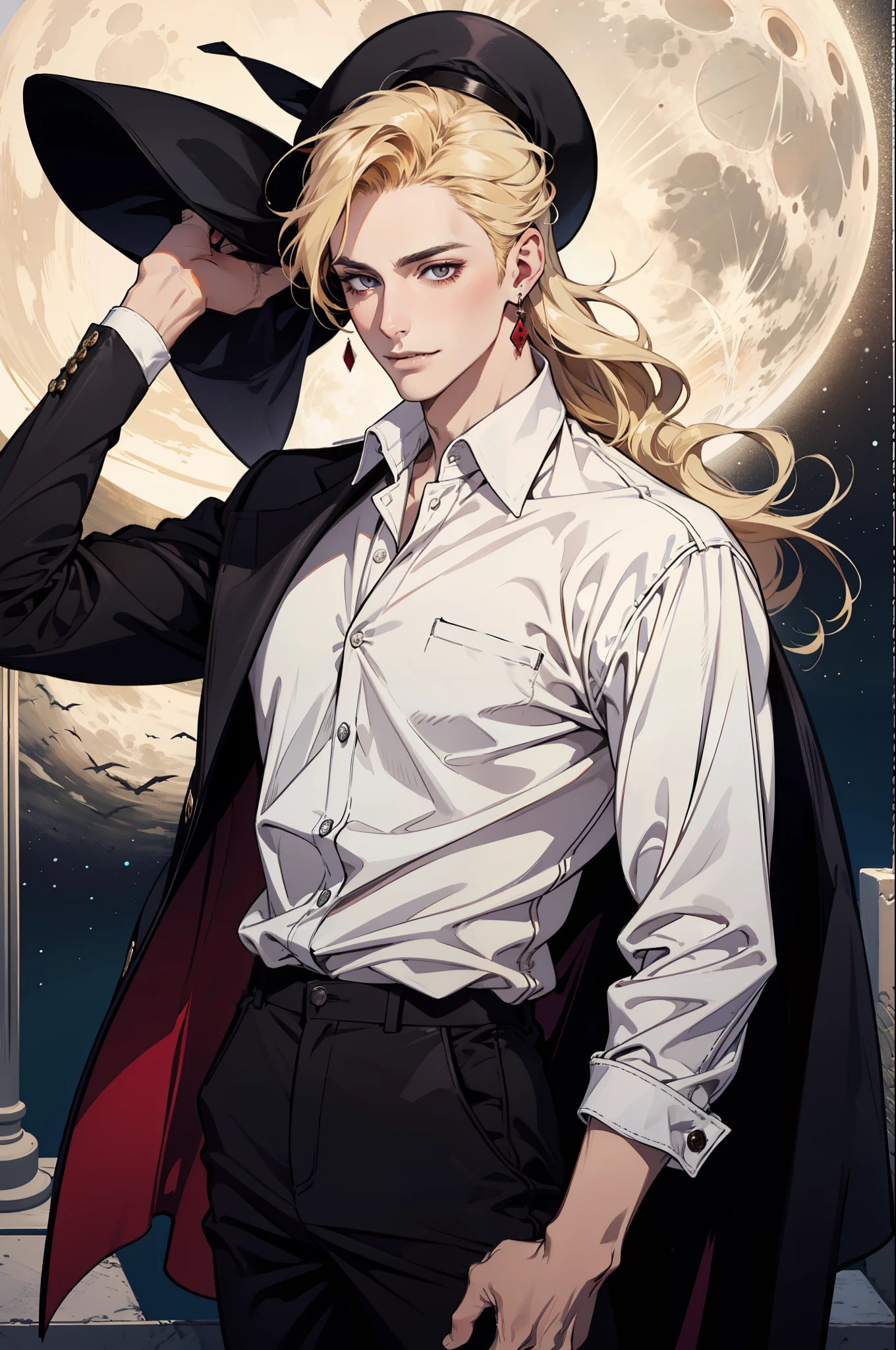 (absurdres, highres, ultra detailed), 1man, 30 years old man, adult man, handsome, tall,, finely detailed eyes and detailed face, leather pants, (((white shirt))), night, smile, dutch angle, ((long hair, blonde hair)), moon, gold details, earrings, gothic, vampire, vampire prince, dark, simple clothes, looking at the view, pale skin, red detailed eyes, (masculine), sexy, elegant, long bangs, detailed hands