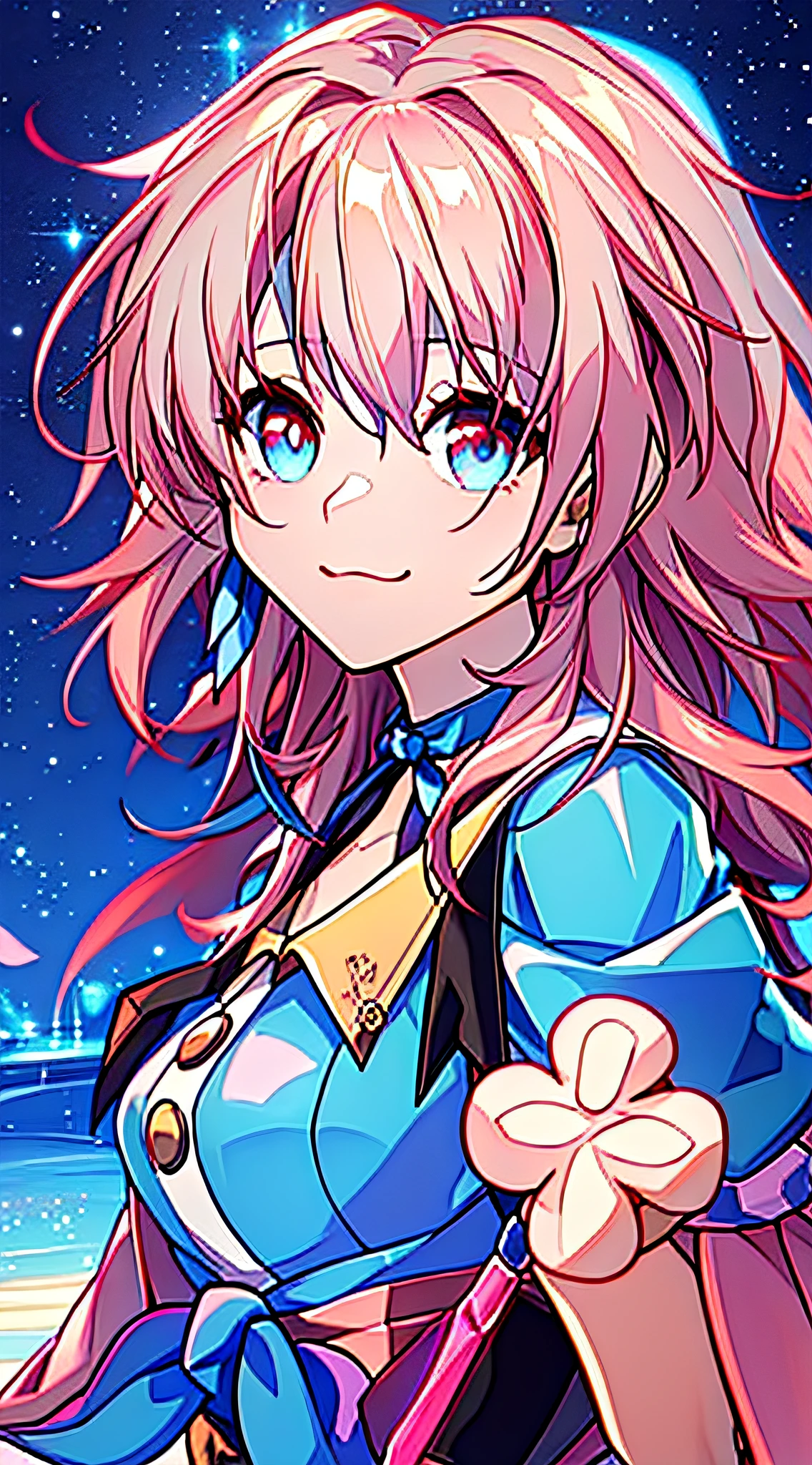 Cute anime girl Lucy with pink hair and blue eyes, Wear champagne flowers and pink bows on your head, a blue dress, style of anime"Like fate"One night stay, Anime moe art style, and"hajime yatate"ve"pin on anime"element。, anime, 16k, UHD, super detail, high details, high quality