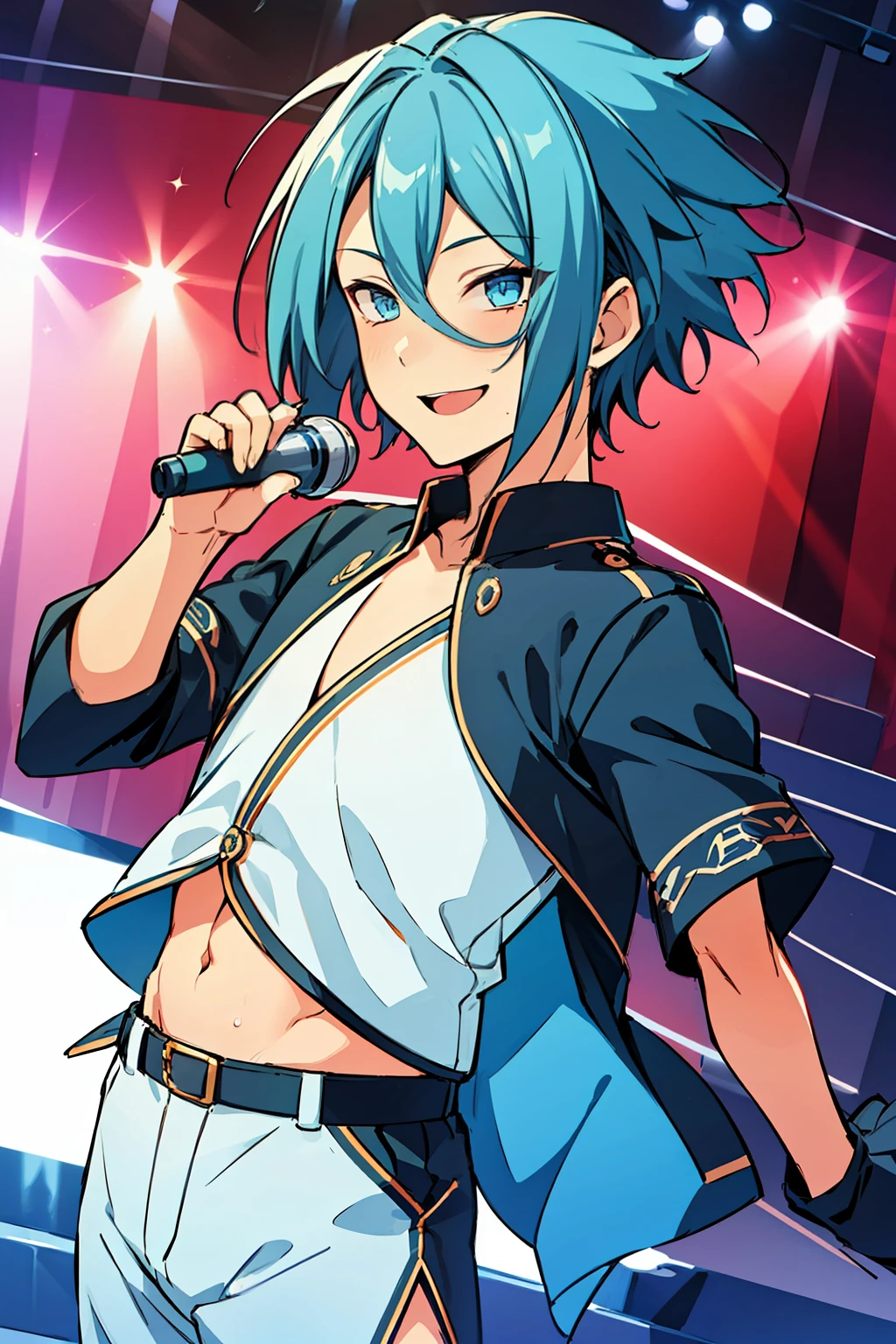 (high-quality, breathtaking),(expressive eyes, perfect face), 1boy, male, solo, short, young boy, light blue hair, light blue eyes, smile, blue idol outfit, shorts, on stage