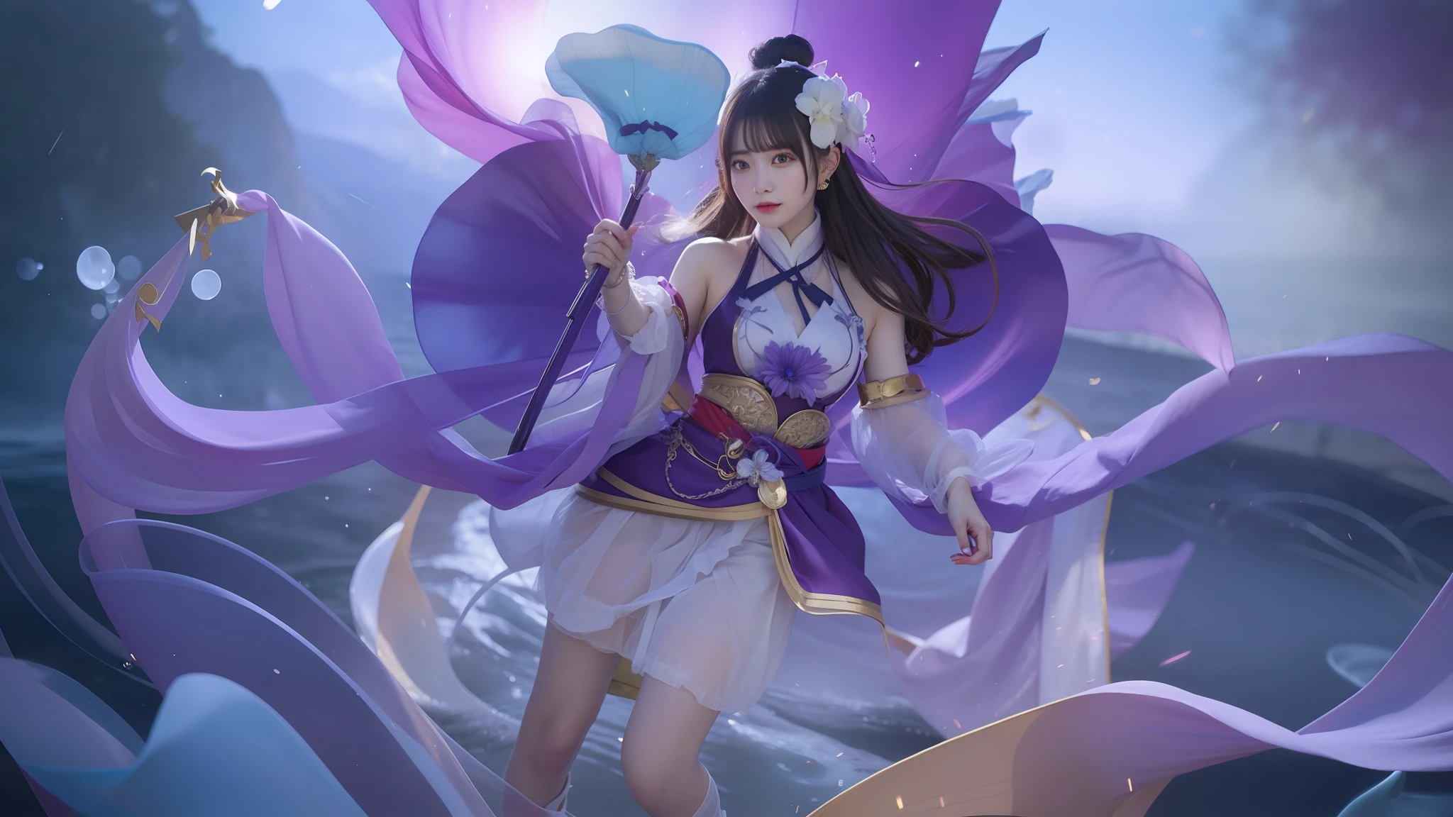 anime girl with a purple dress and a blue hat holding a green flower, queen of the sea mu yanling, by Yang J, heise jinyao, yun ling, onmyoji detailed art, beautiful celestial mage, inspired by Ju Lian, full body xianxia, inspired by Pu Hua, g liulian art style, keqing from genshin impact, kagura from mobile Legends bang bang, 70mm, ultra detail,