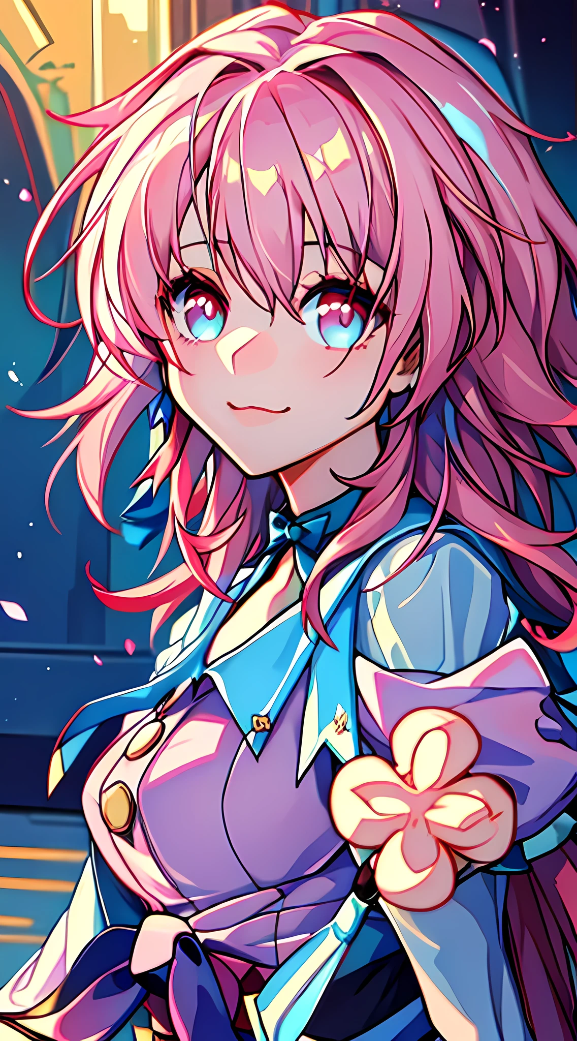 Cute anime girl Lucy with pink hair and blue eyes, Wear champagne flowers and pink bows on your head, a blue dress, style of anime"Like fate"One night stay, Anime moe art style, and"hajime yatate"ve"pin on anime"element。, anime, 16k, UHD, super detail, high details, high quality