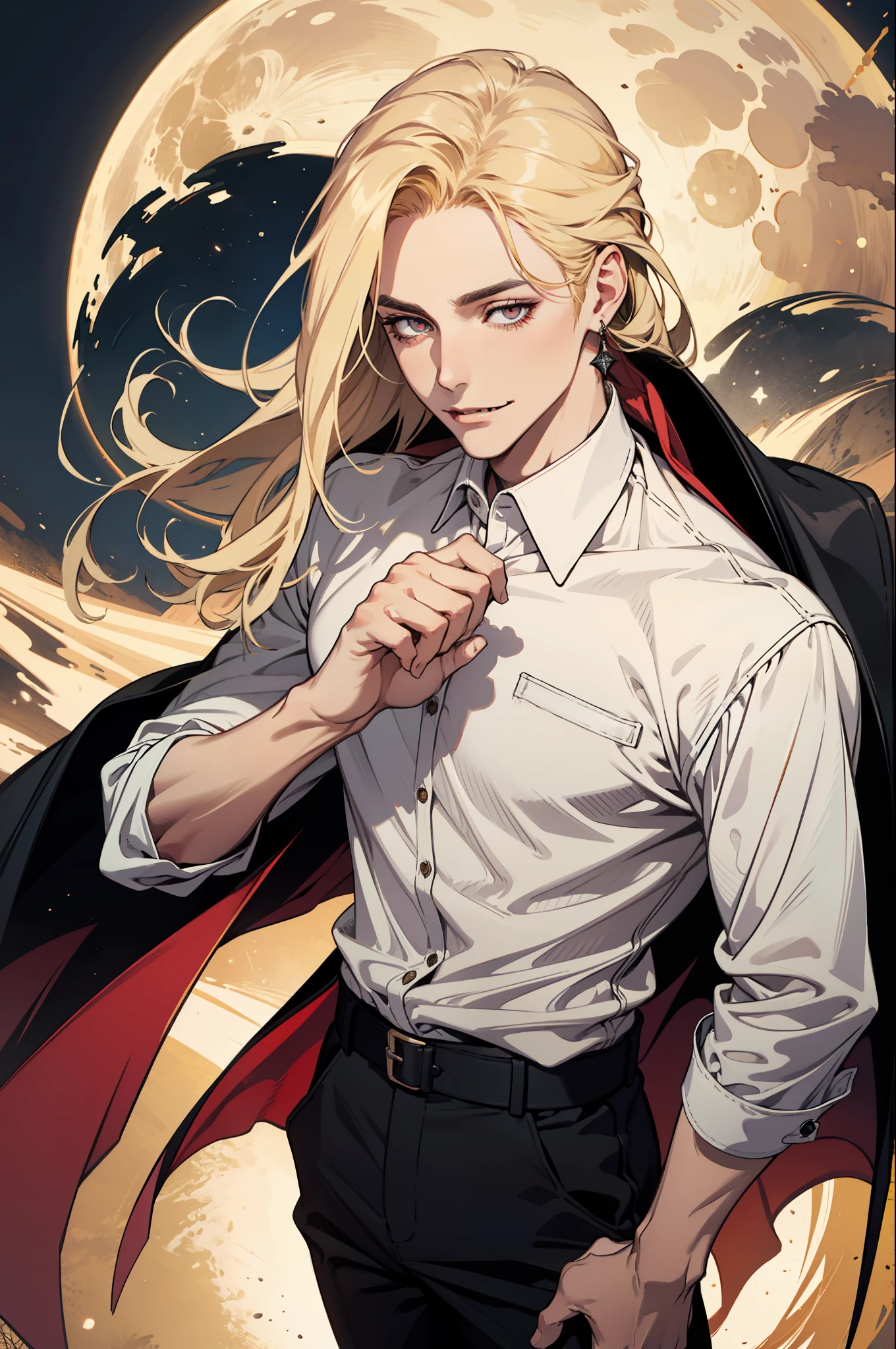 (absurdres, highres, ultra detailed), 1man, 30 years old man, adult man, handsome, tall,, finely detailed eyes and detailed face, leather pants, (((white shirt))), night, smile, dutch angle, ((long hair, blonde hair)), moon, gold details, earrings, gothic, vampire, vampire prince, dark, simple clothes, looking at the view, pale skin, red detailed eyes, (masculine), sexy, elegant, long bangs, detailed hands