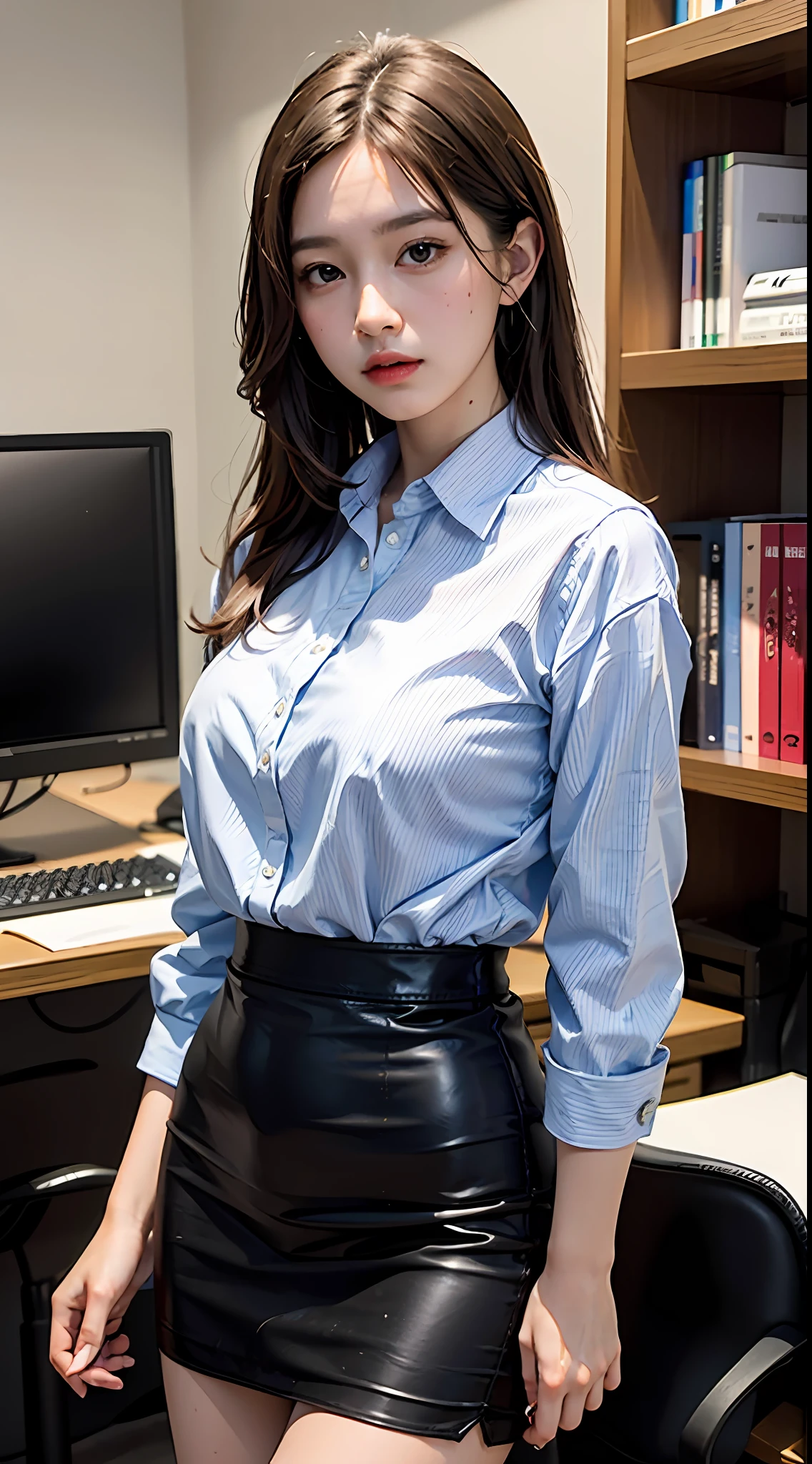 optimal quality,masterpaintings,ultra-high-resolution,(fidelity:1.4),Original photo,office room,Dress conservatively,ff Tifa,bangss,1 young girl,cinamtic lighting,striped shirt,Black leather skirt,Employee badge on the chest,