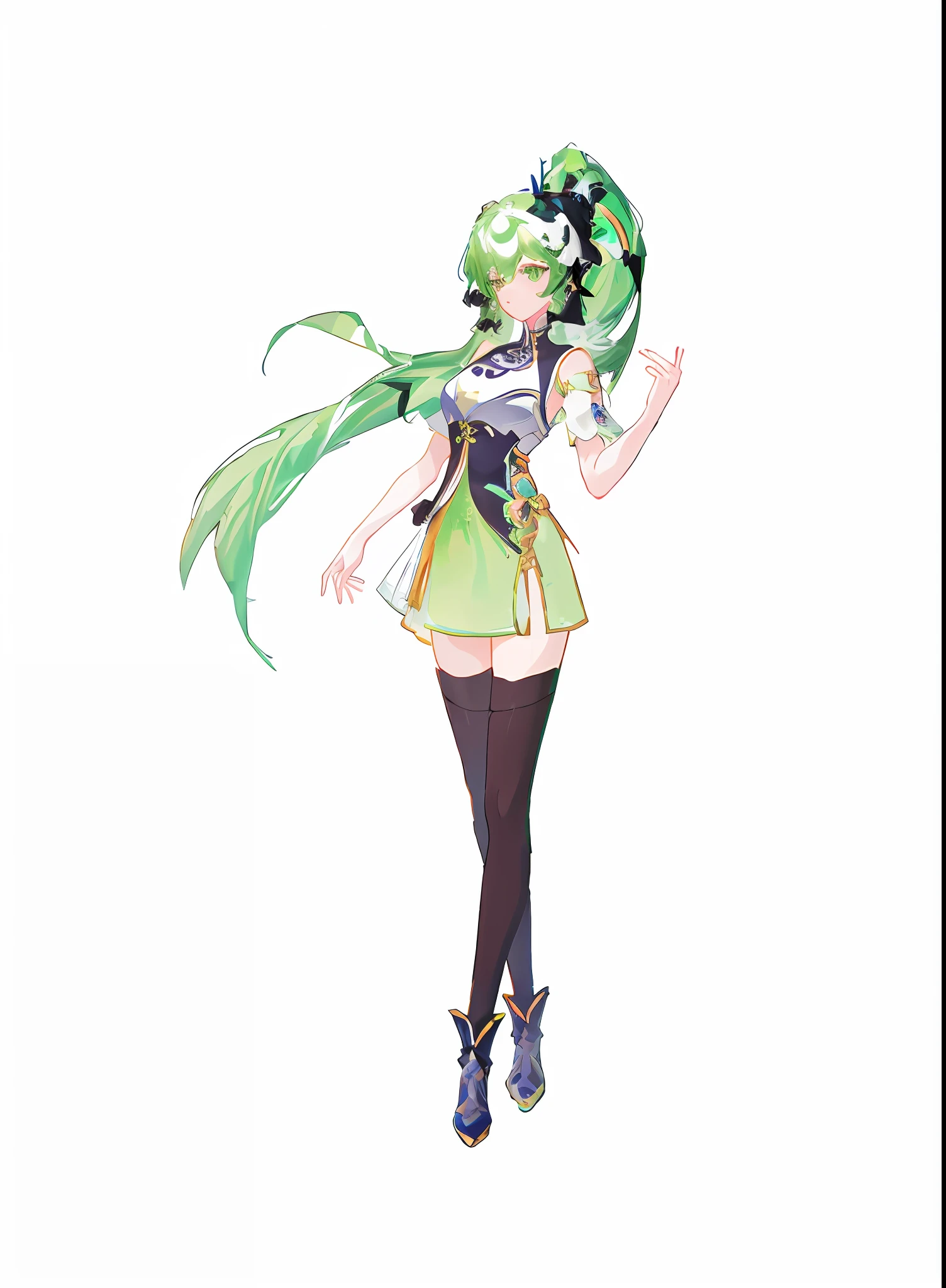 Anime girls wear green dresses，There is metal armor on the clothes，Green hair and black stockings, full body xianxia,  full body adoptable, official character art,  Full body standing painting， Ayaka Genshin impact, ( ( concept art of character ) ),