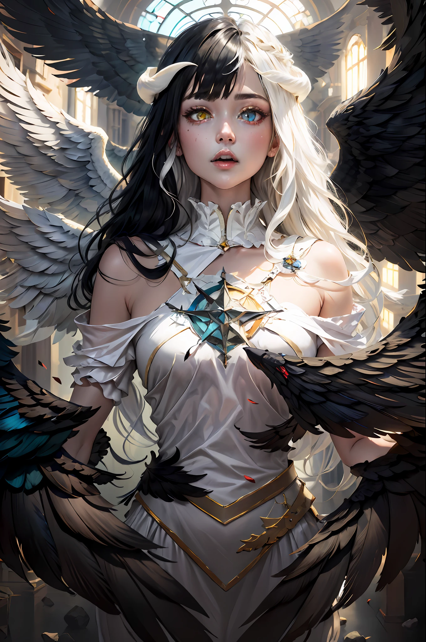 (masterpiece:1.3),(best quality:1.2),8k,absurdres,unity 8k wallpapper,(extremely detailed:1.3),highestres,
1girl, ,heterochromia, white hair, black hair, split theme, angel,devil,wings,