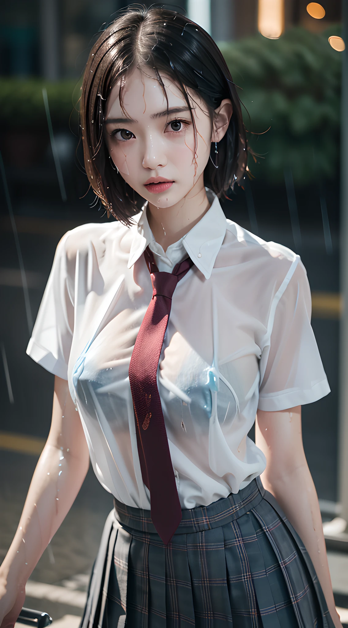 violaceaess, (gardeniass, rosaceaess:0.8), (masterpiece, best quality:1.3), delicate girl, beautiful short hair, close up, school uniform, white dress shirt, short sleeve, dark grey pleated plaid skirt, 8k, 50mm portrait, raw photo, absurdres, breasts focus, large breasts, thin arms, very thin waist, arch back, no makeup, worried, sophisticated, facelight, clear lighting, film grain, chromatic aberration, (dark red necktie:1.2), (rain, wet shirt:1.4), street, bokeh, (simple background:1.2)