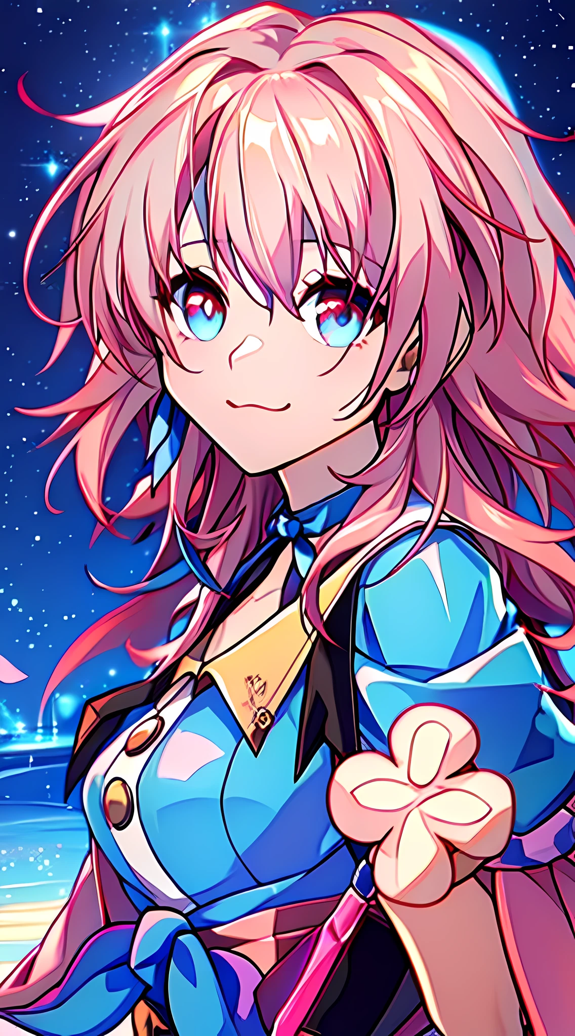 Cute anime girl Lucy with pink hair and blue eyes, Wear champagne flowers and pink bows on your head, a blue dress, style of anime"Like fate"One night stay, Anime moe art style, and"hajime yatate"ve"pin on anime"element。, anime, 16k, UHD, super detail, high details, high quality