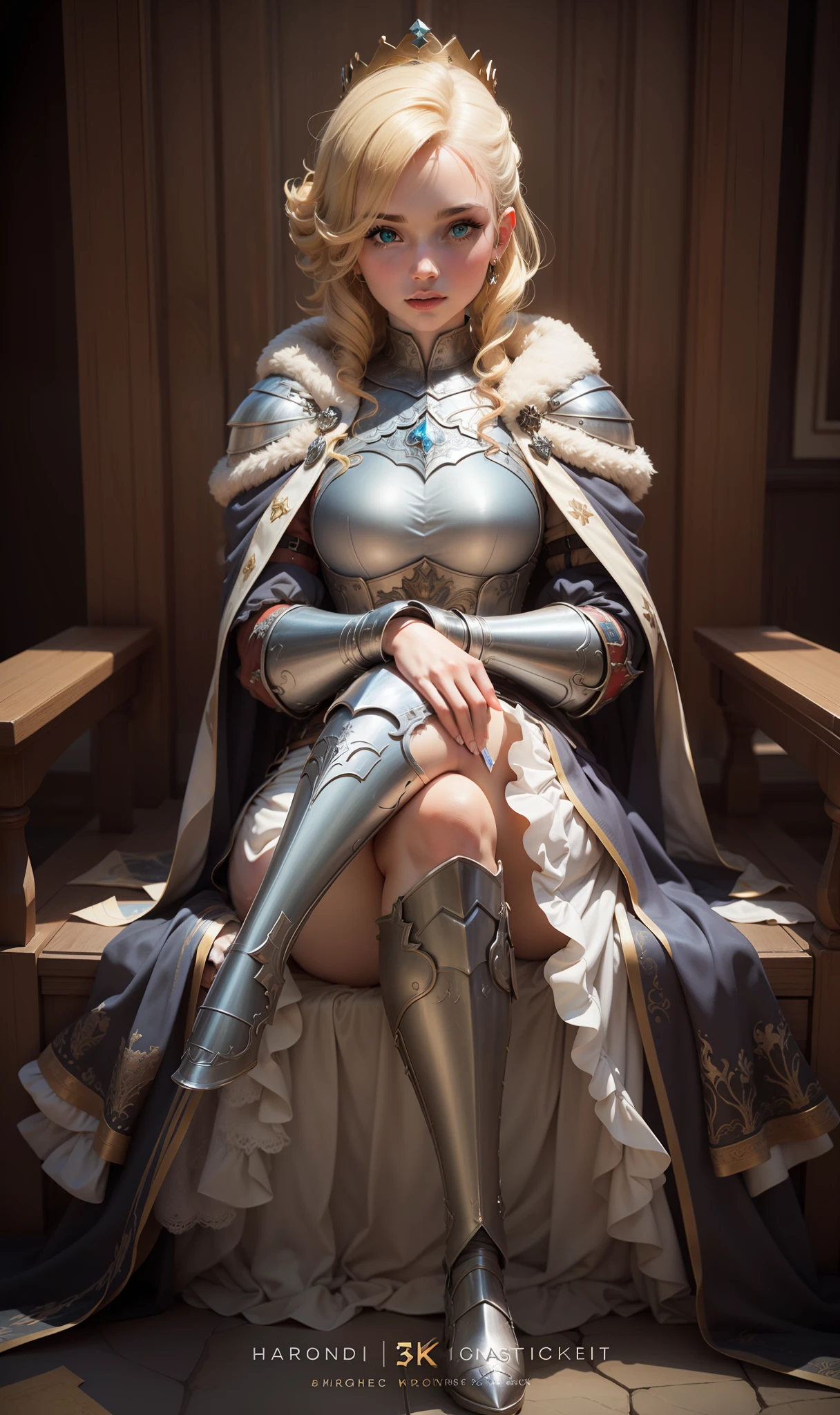 1girl, masterpiece, best quality, 8k, detailed skin texture, detailed cloth texture, beautiful detailed face, intricate details, ultra detailed, a european girl, green eyes, blonde curly hai, 3D character, Medieval Knight, crown