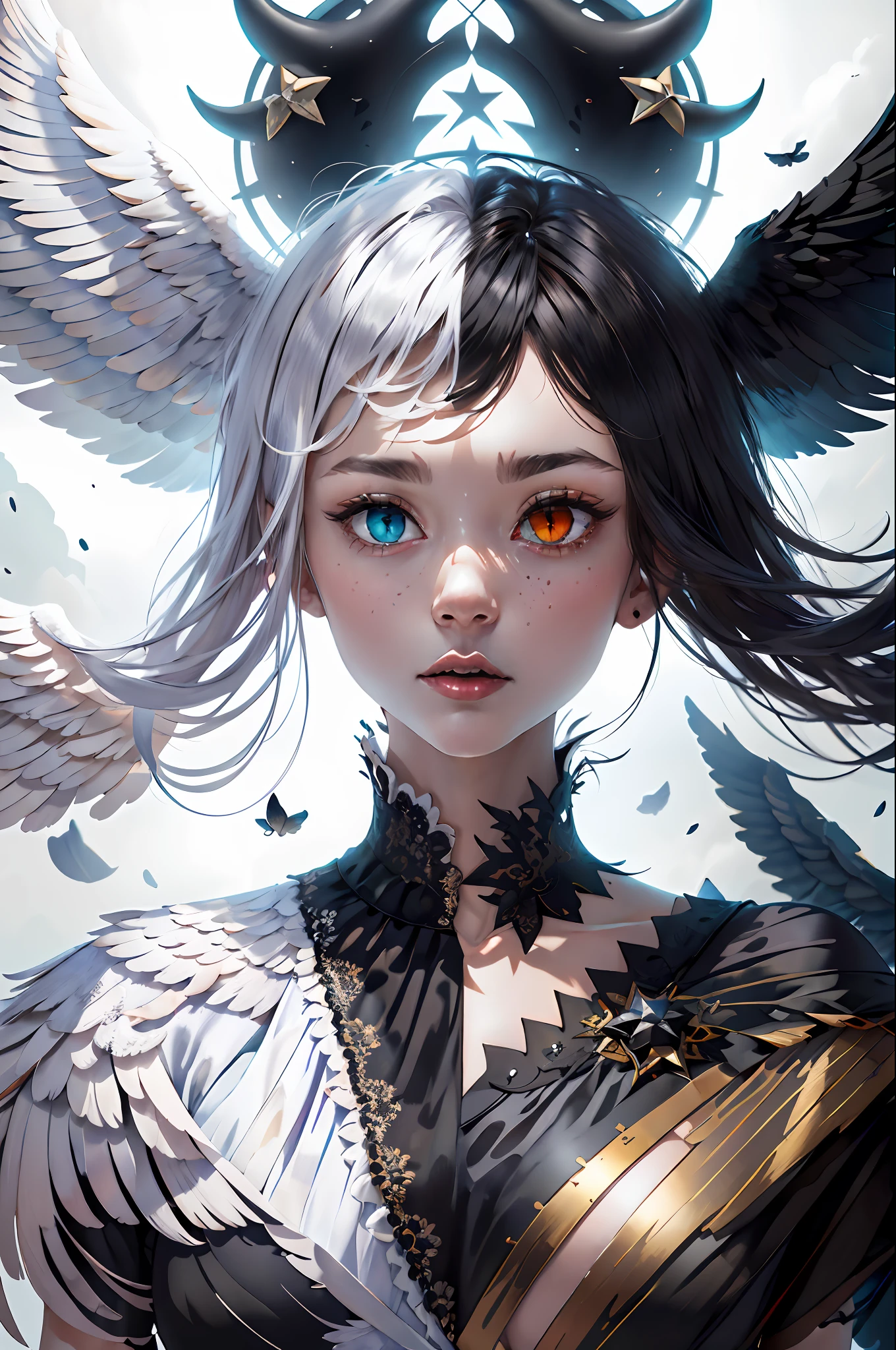 (masterpiece:1.3),(best quality:1.2),8k,absurdres,unity 8k wallpapper,(extremely detailed:1.3),highestres,
1girl, ,heterochromia, white hair, black hair, split theme, angel,devil,wings,