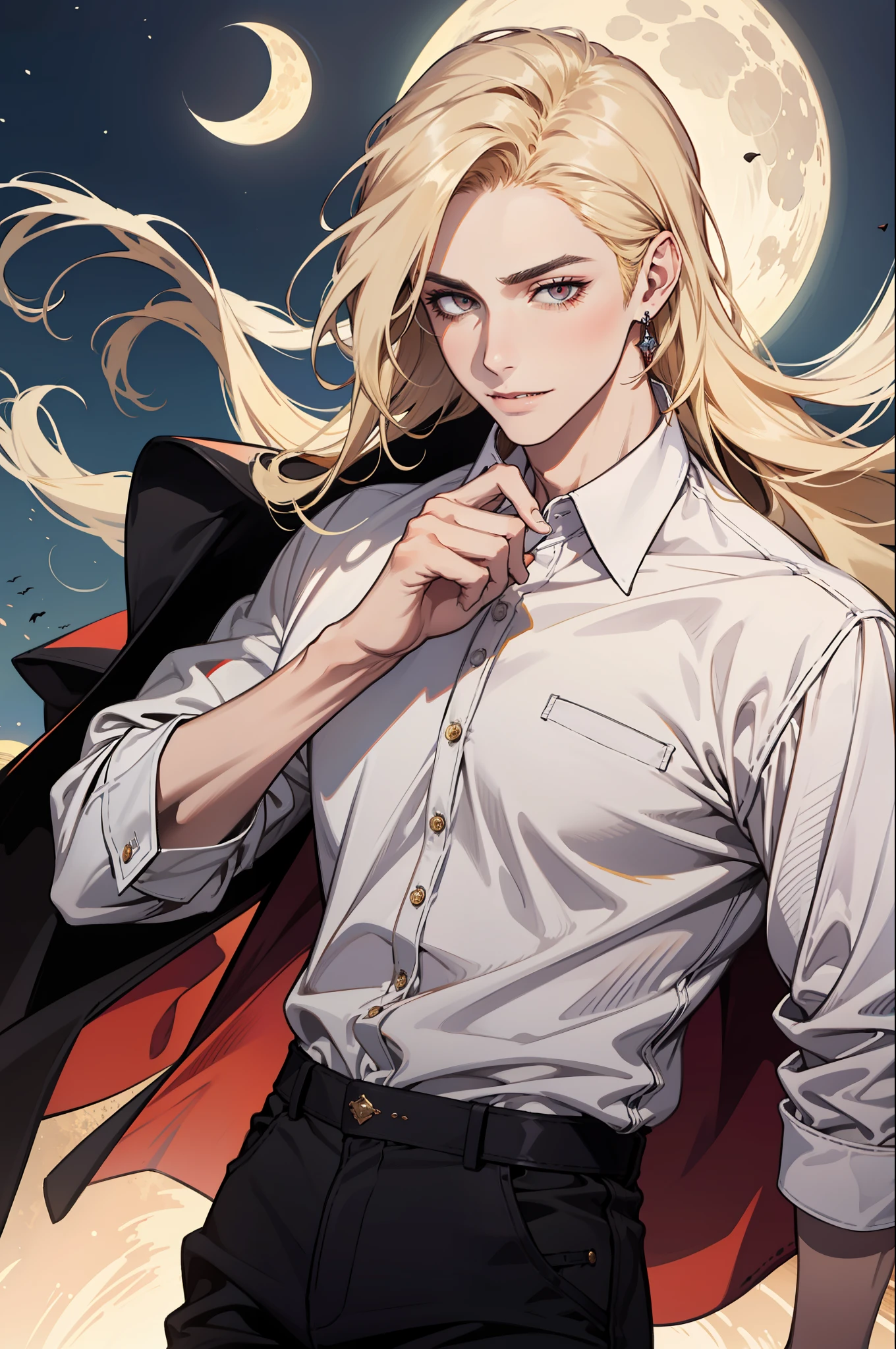 (absurdres, highres, ultra detailed), 1man, 30 years old man, adult man, handsome, tall,, finely detailed eyes and detailed face, leather pants, (((white shirt))), night, smile, dutch angle, ((long hair, blonde hair)), moon, gold details, earrings, gothic, vampire, vampire prince, dark, simple clothes, looking at the view, pale skin, red detailed eyes, (masculine), sexy, elegant, long bangs, detailed hands